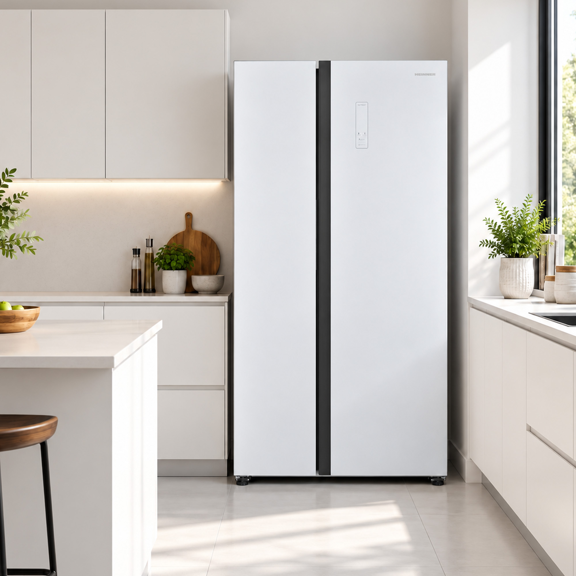 A white side-by-side refrigerator stands in a modern, bright kitchen with white cabinets and a plant.