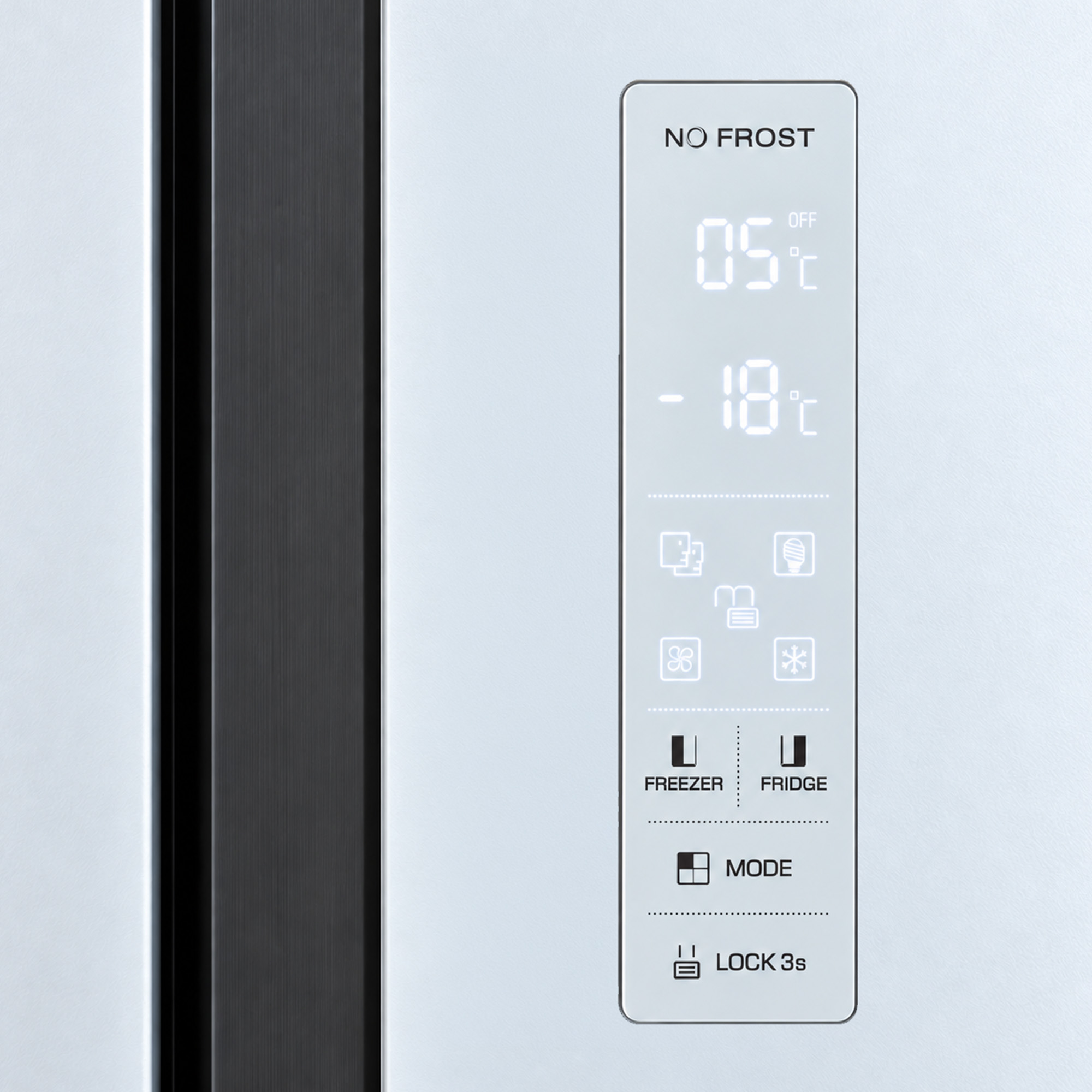 Digital control panel of a no-frost refrigerator showing temperature readings and touch buttons.