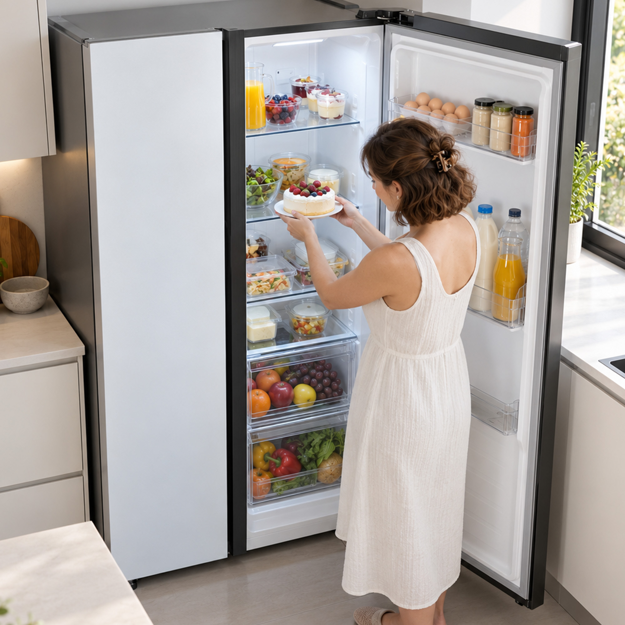 A woman in a white dress takes a cake out of a well-stocked refrigerator.