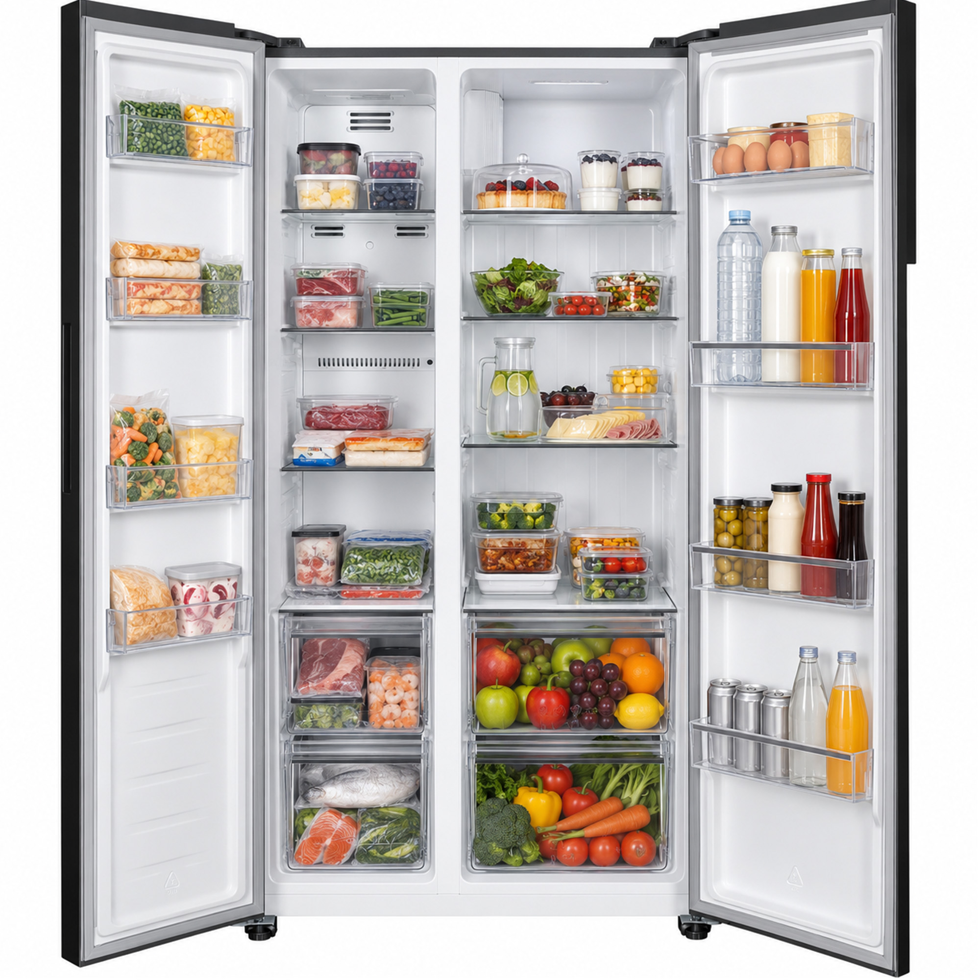An open double-door refrigerator fully stocked with fresh produce, containers, bottled drinks, and dairy items.