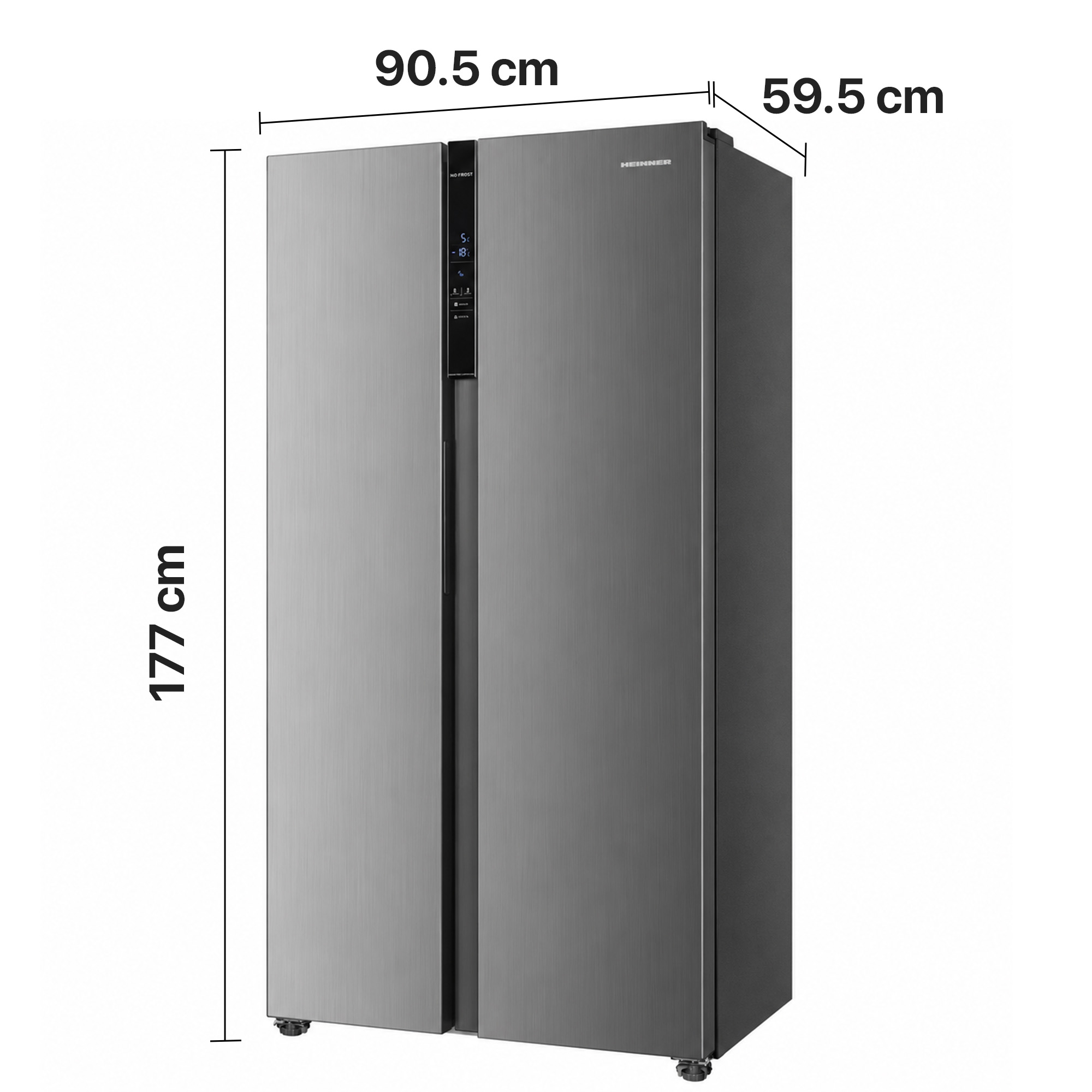 Grey side-by-side refrigerator showing dimensions of 177 cm height, 90.5 cm width, and 59.5 cm depth.
