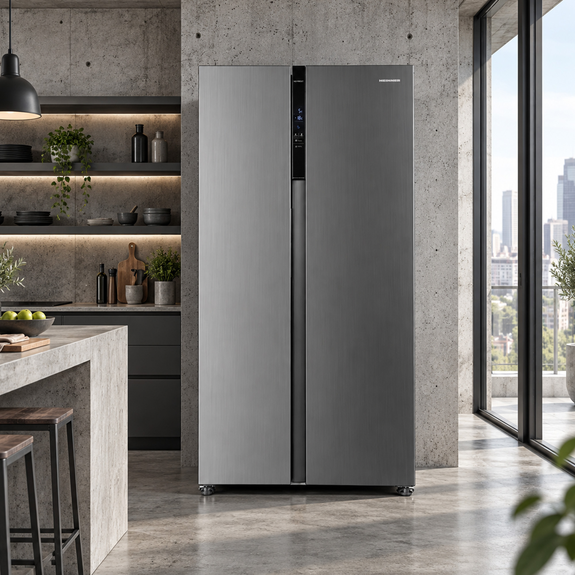 Modern silver side-by-side refrigerator in a stylish kitchen with concrete walls.