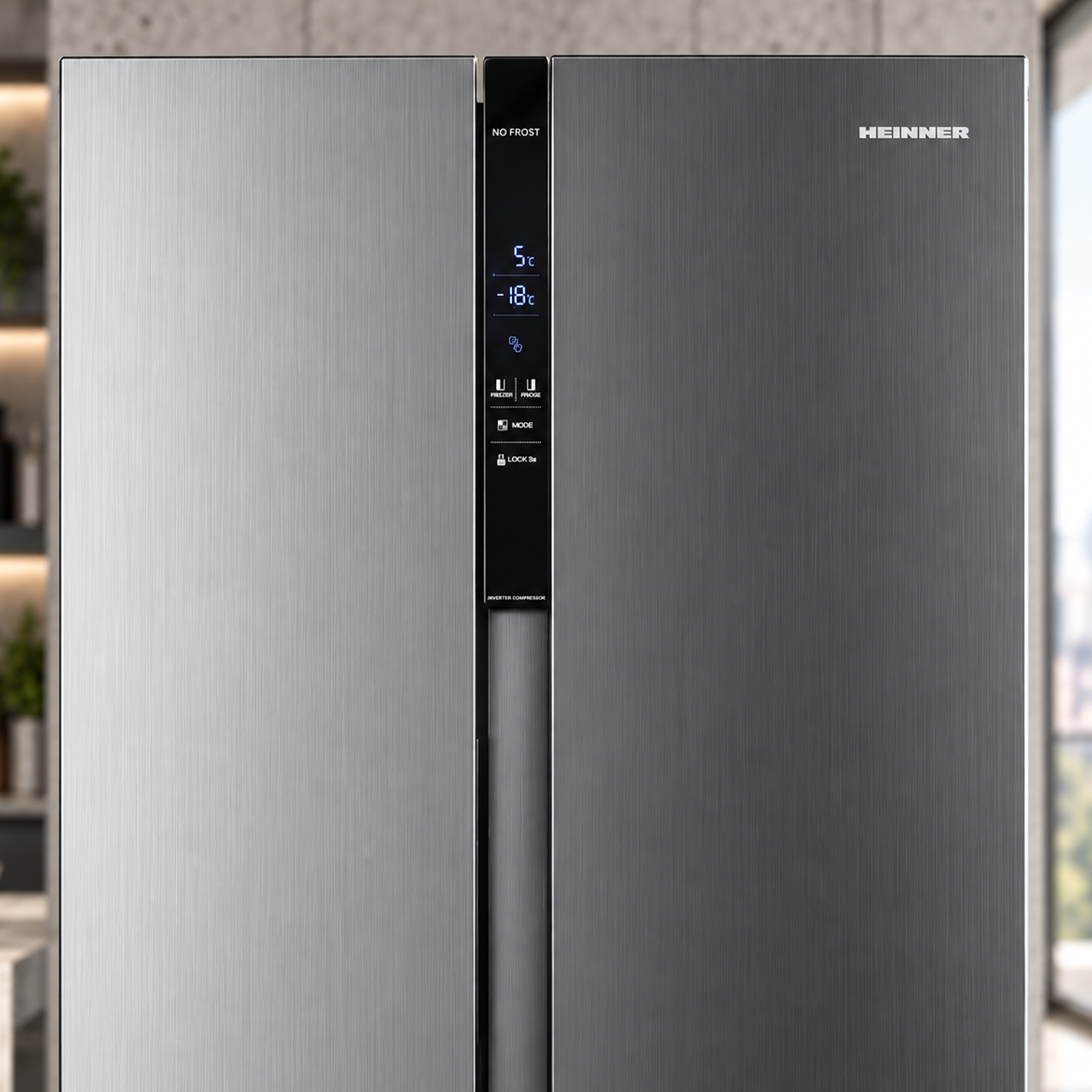 Modern silver Heinner side-by-side refrigerator with digital display panel in a kitchen.