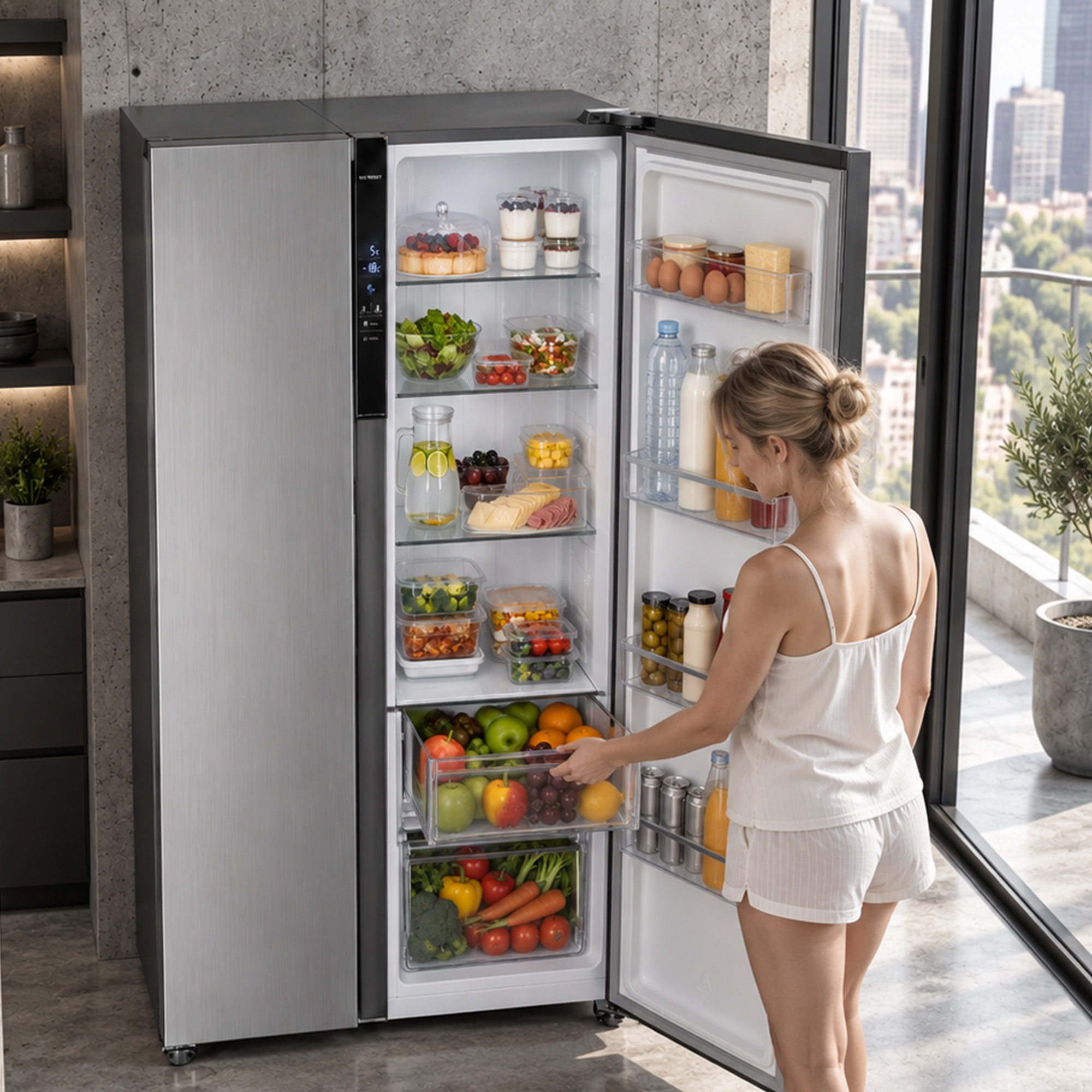A woman in white pajamas opens a large, stainless steel refrigerator filled with fresh food and drinks.