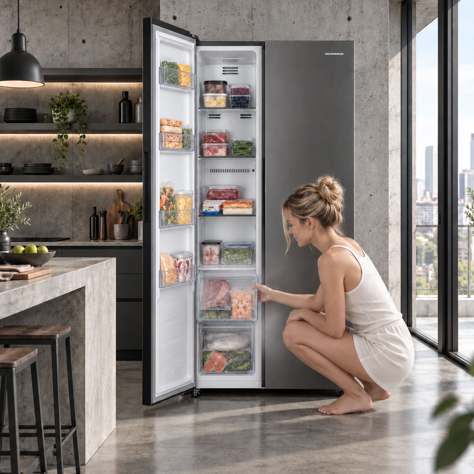 A woman crouches by an open, food-filled silver refrigerator in a modern kitchen with a city view.