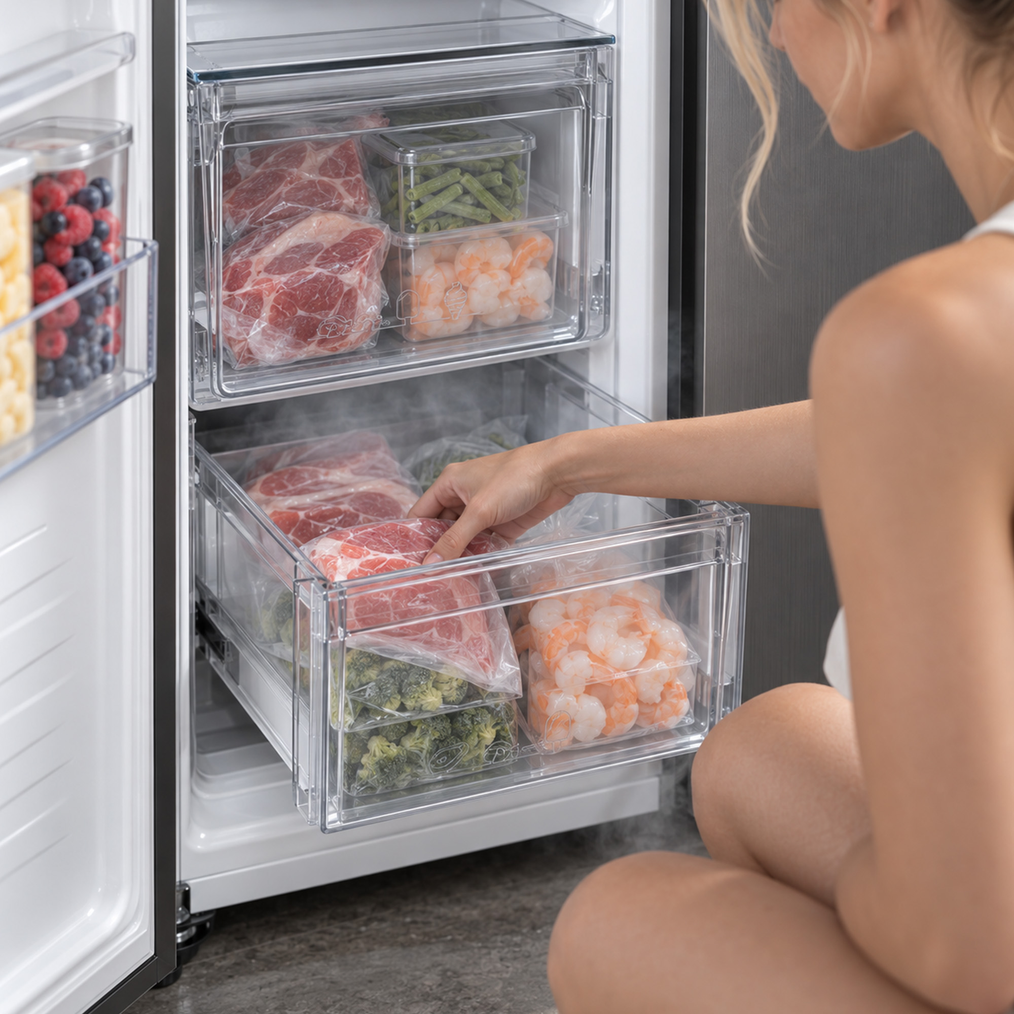 A woman opens a frosted refrigerator drawer containing meat, shrimp, and vegetables.