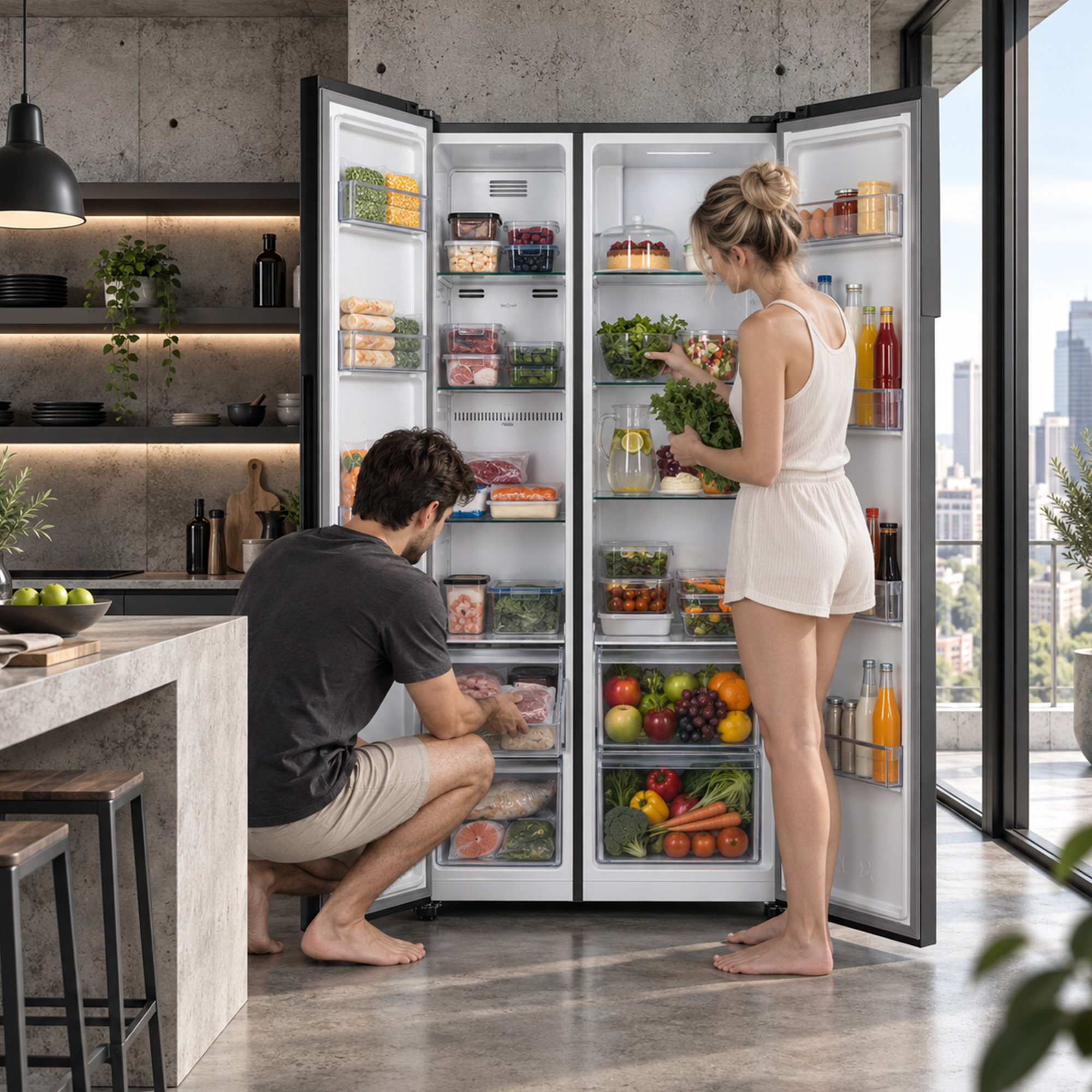 A couple takes fresh food from a large, open refrigerator in a modern kitchen.