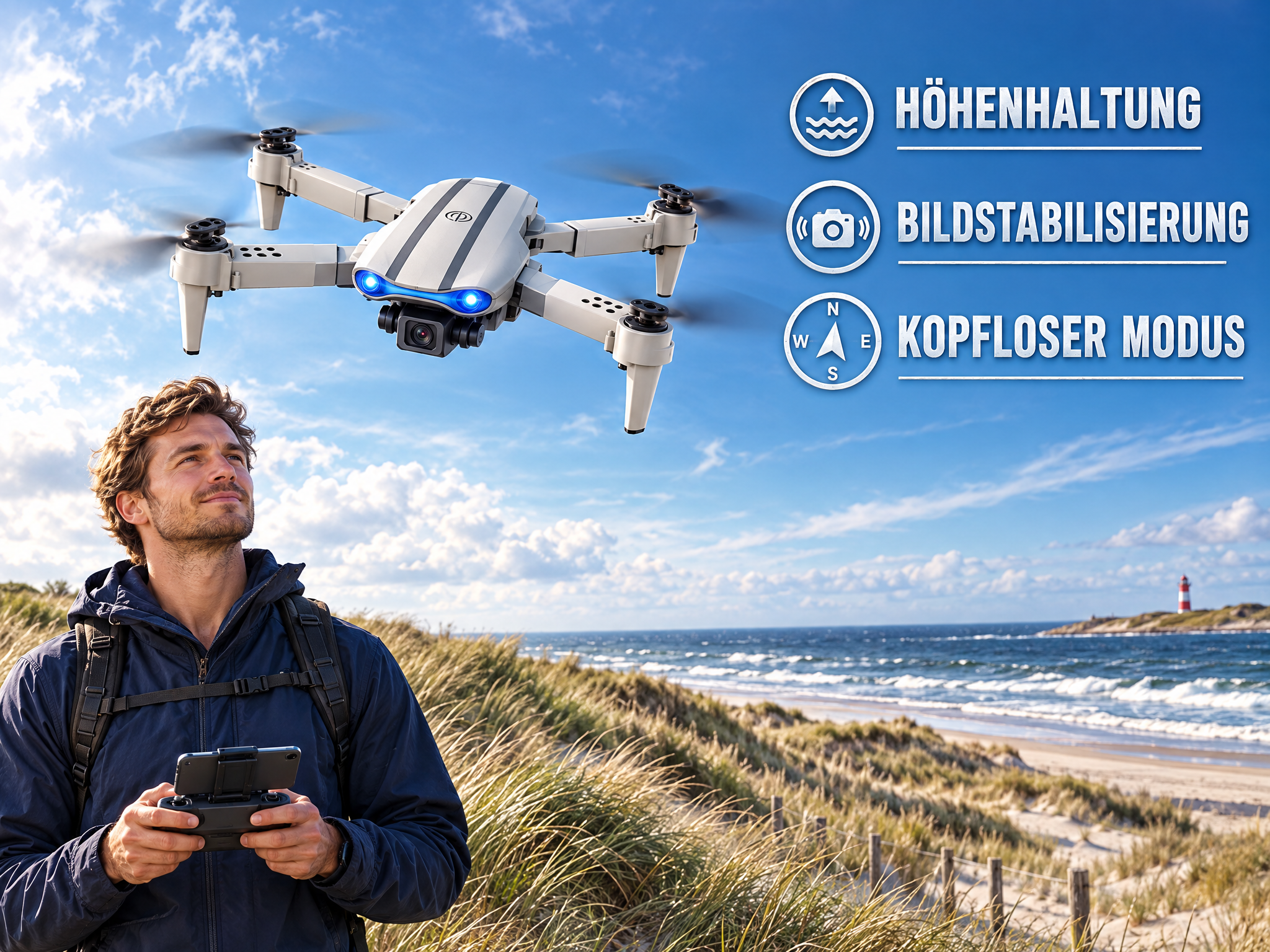Ein Mann steuert eine weiße Drohne über Küstendünen und Meer, rechts mit Funktionssymbolen.