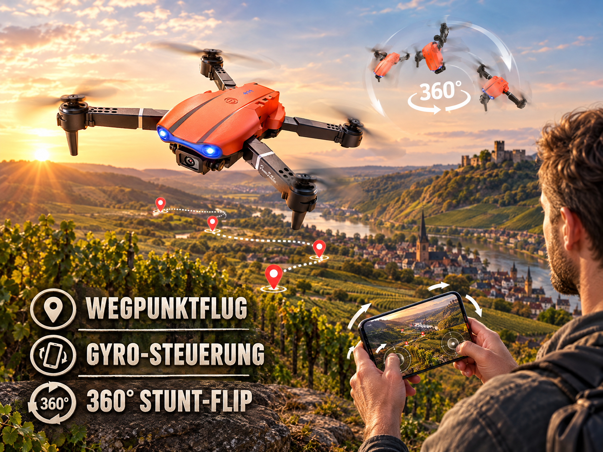 Ein Mann steuert eine orangefarbene Drohne per Smartphone über einer hügeligen Landschaft mit Fluss und Schloss.