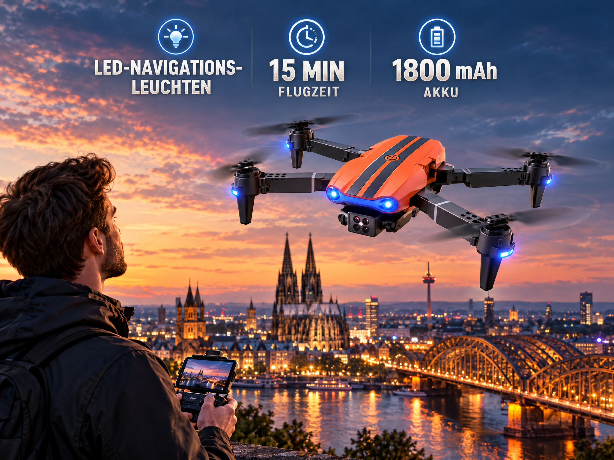 Ein Mann steuert eine orange-schwarze Drohne vor einer Skyline bei Sonnenuntergang.