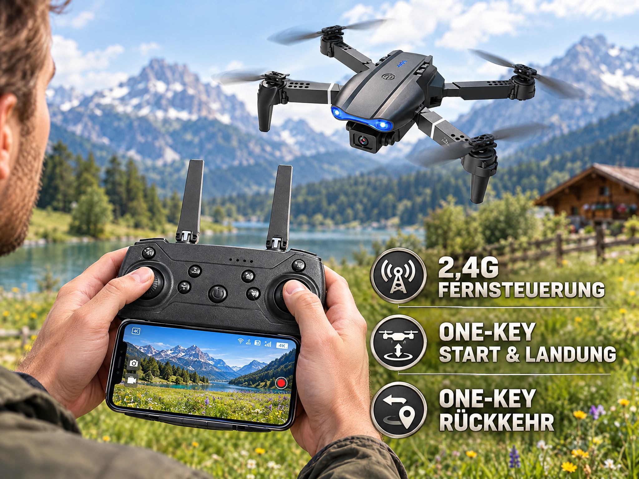 Ein Mann hält eine Drohnenfernbedienung mit Smartphone vor einer Berglandschaft, während eine Drohne fliegt.