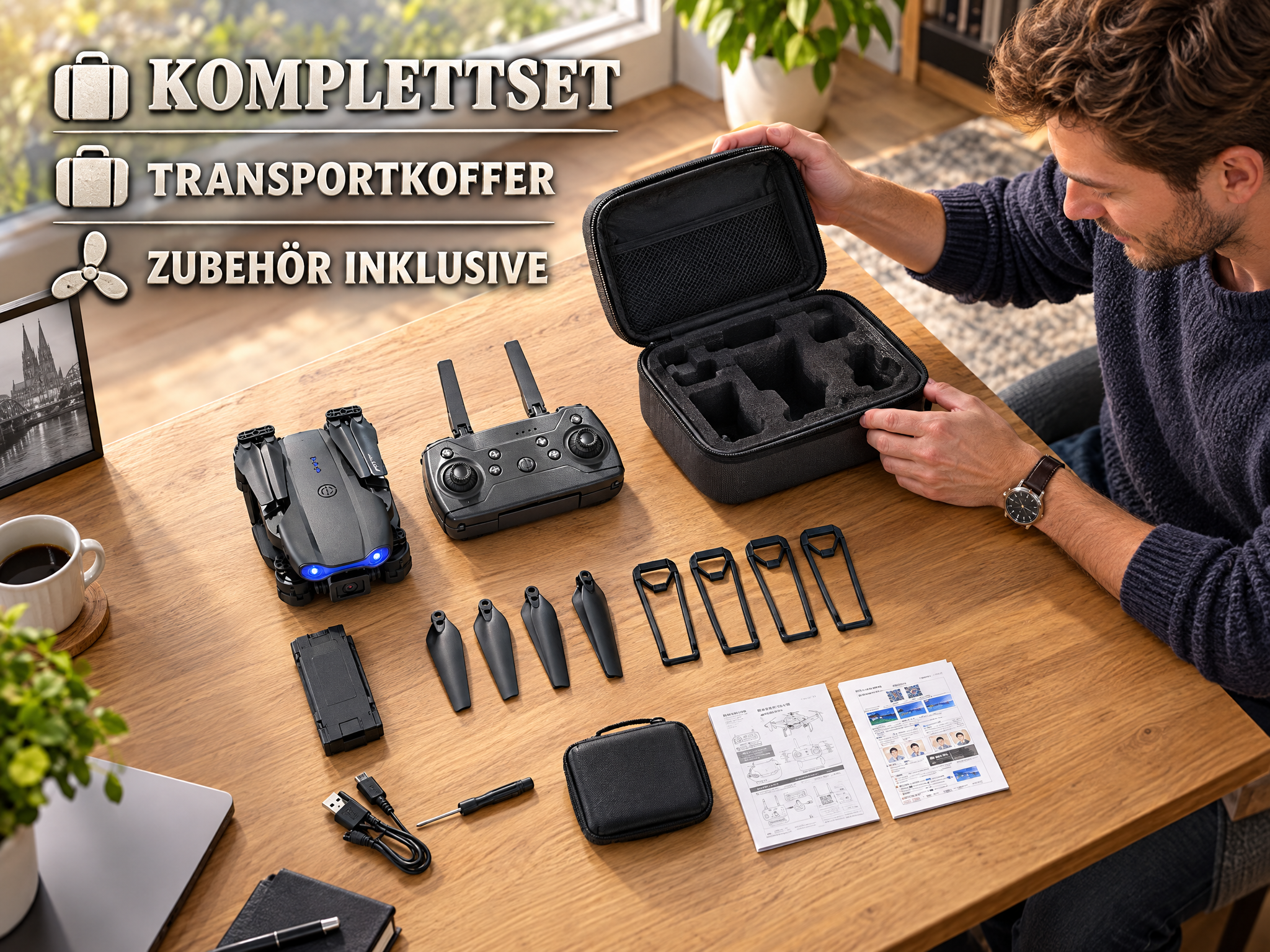 Ein Mann öffnet einen Transportkoffer neben einer Drohne, einer Fernbedienung, Ersatzteilen und Anleitungen.