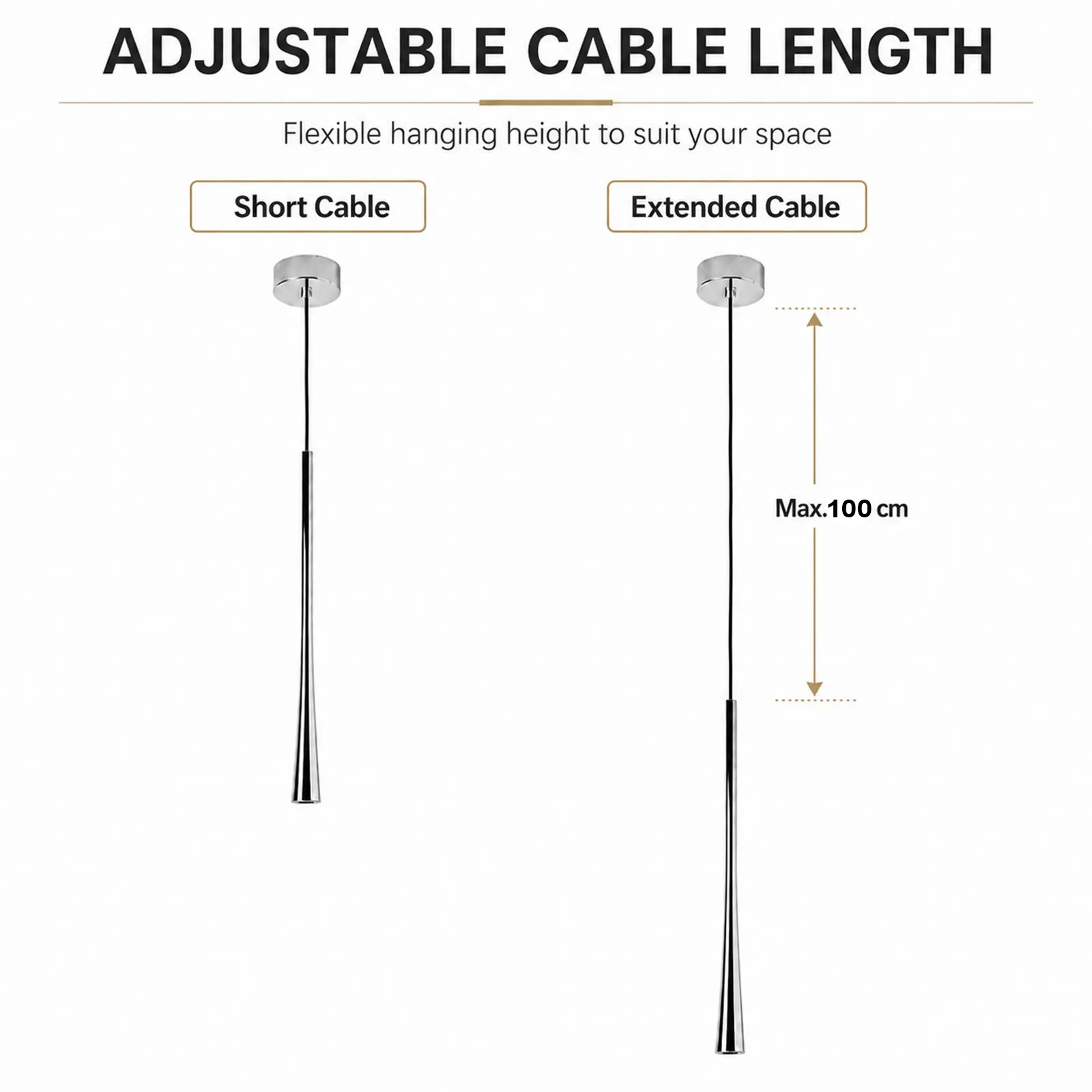 Diagrama que muestra la longitud de cable ajustable para una lámpara colgante moderna.
