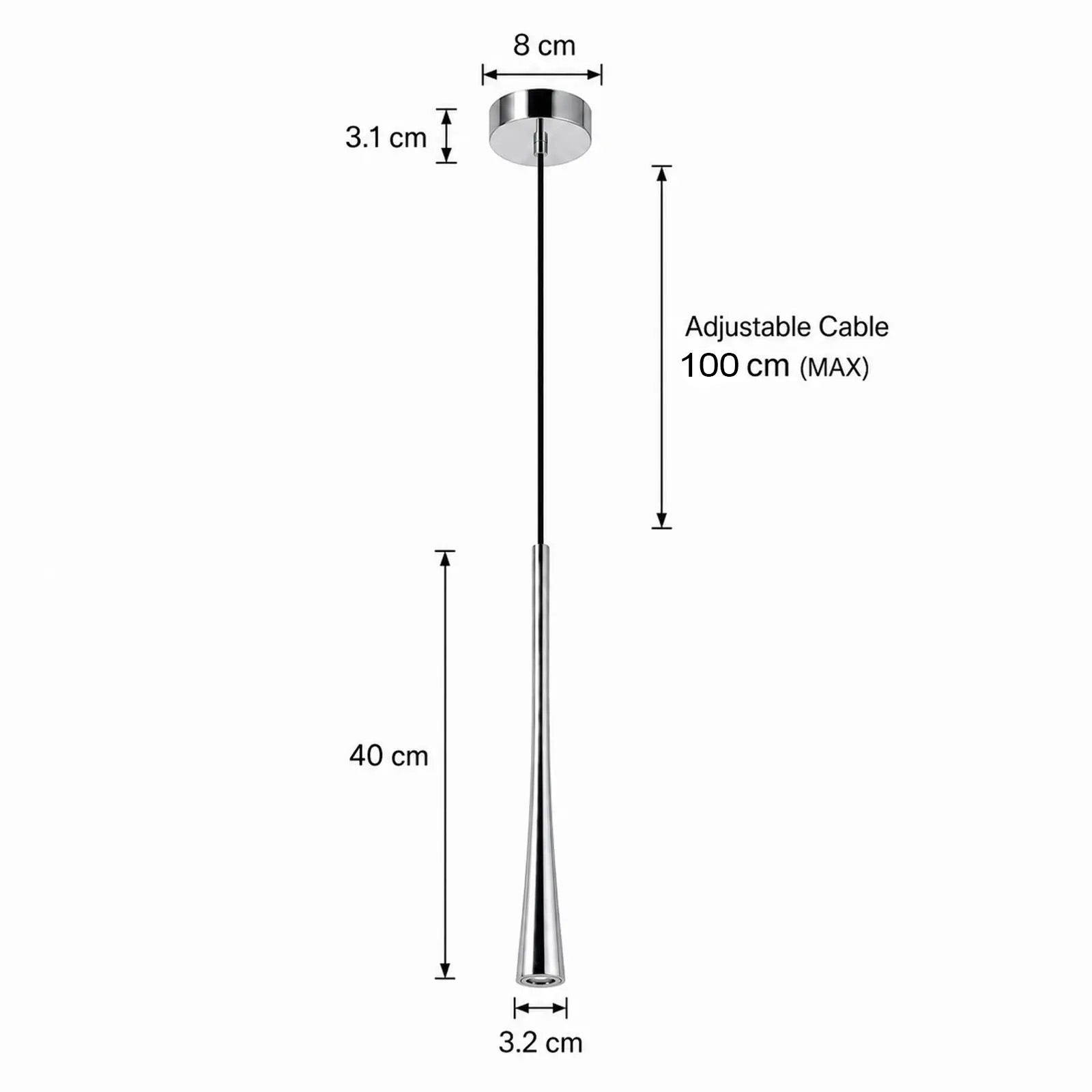 Dibujo técnico de una lámpara colgante plateada con medidas para el soporte de techo, cable y cuerpo.