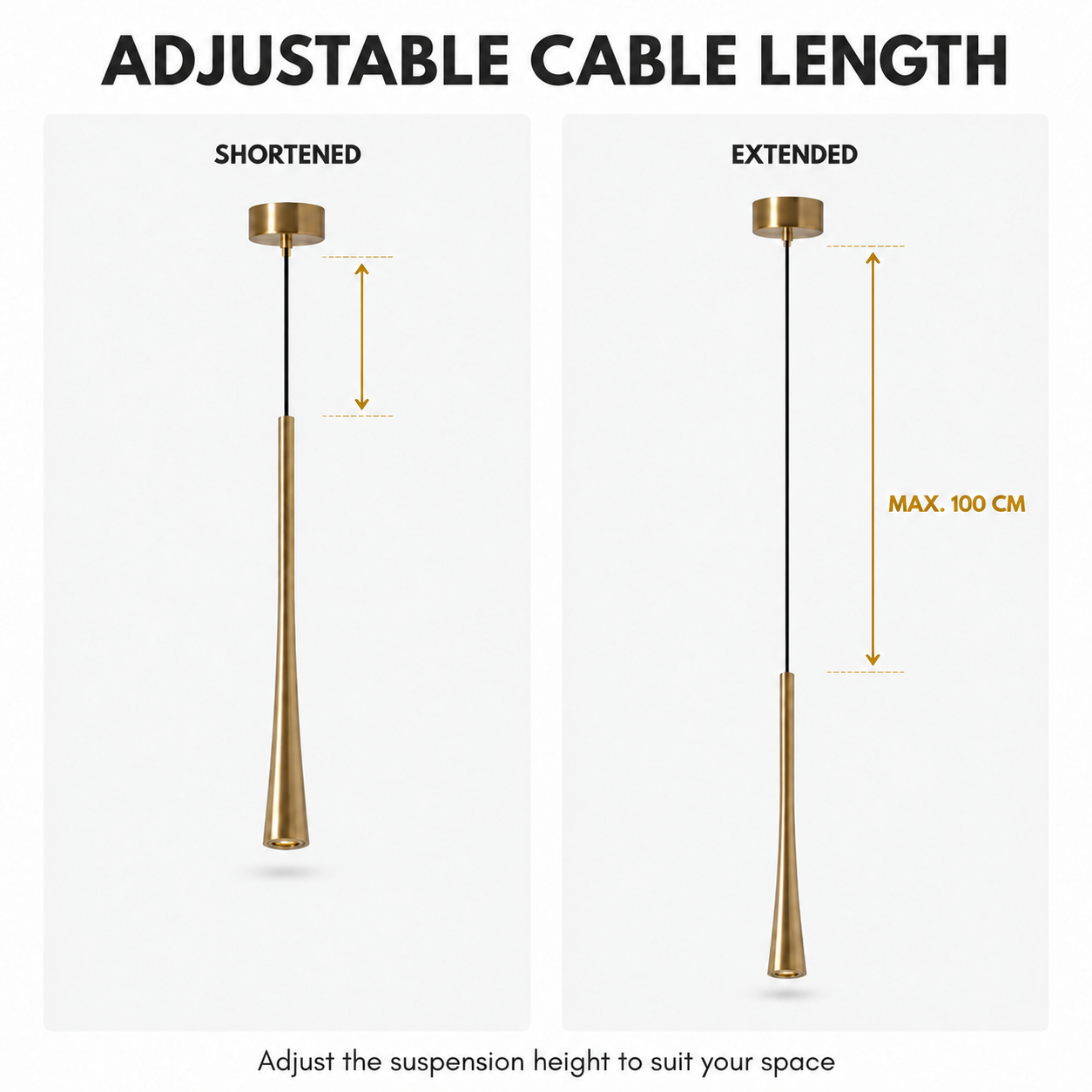 El diagrama muestra una lámpara colgante ajustable con longitudes de cable corta y larga hasta máx. 100 cm.