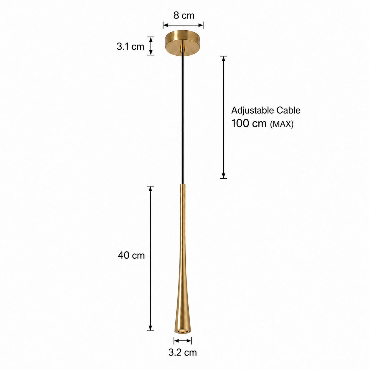 Lámpara colgante dorada con medidas para soporte de techo, cable y cuerpo.