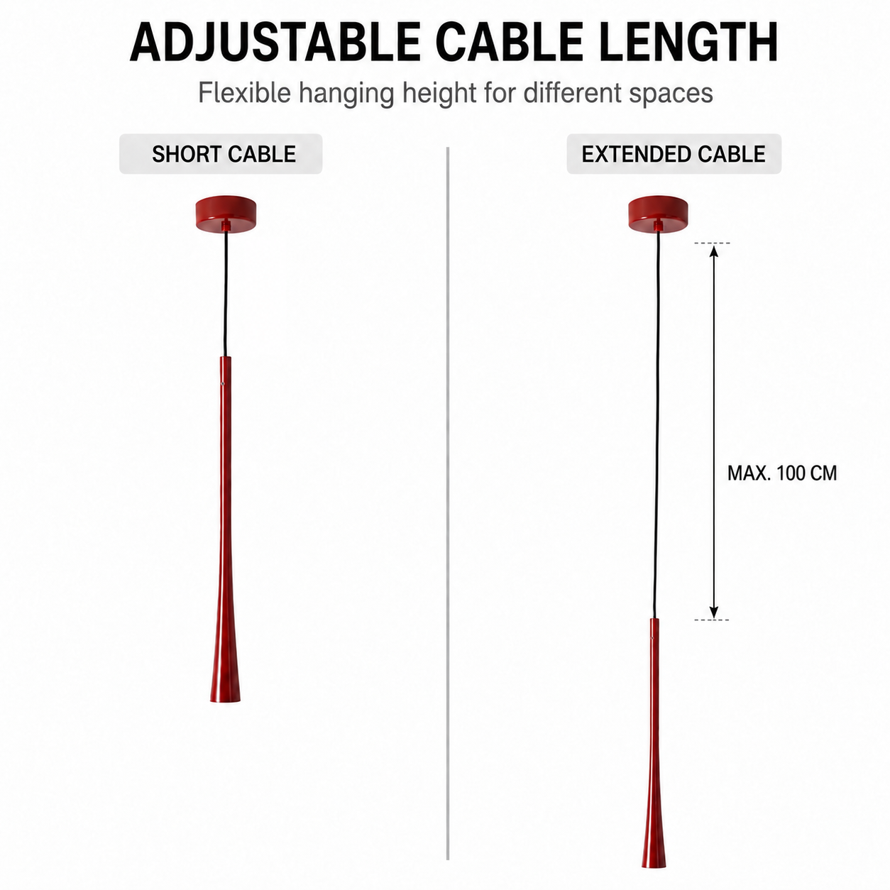 El diagrama muestra la longitud de cable ajustable de una lámpara colgante roja, comparando cables cortos y largos.