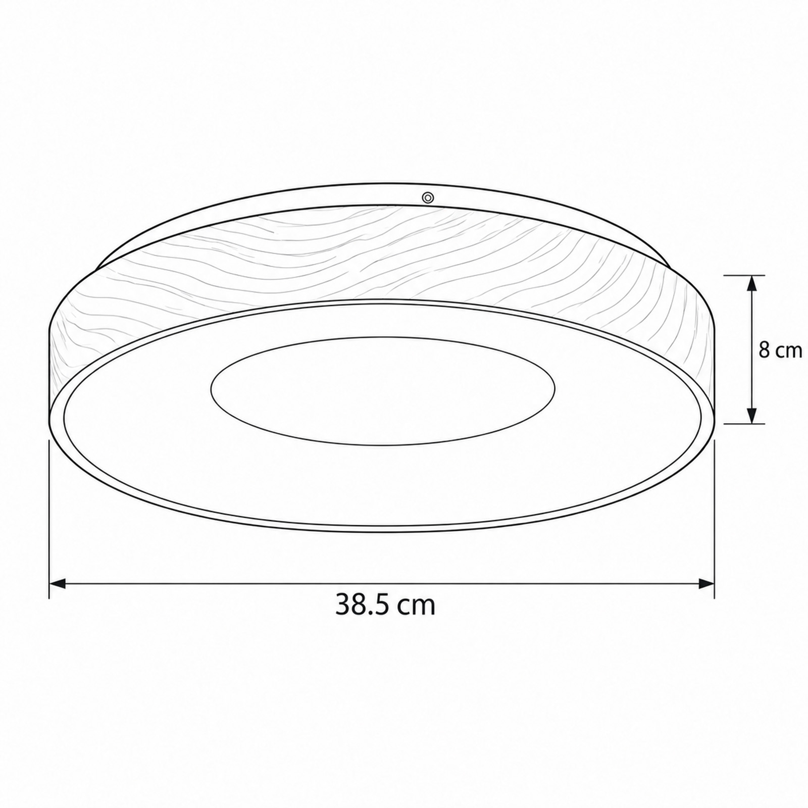 Dibujo técnico de una luminaria redonda con aspecto de madera, 38,5 cm de diámetro y 8 cm de altura.