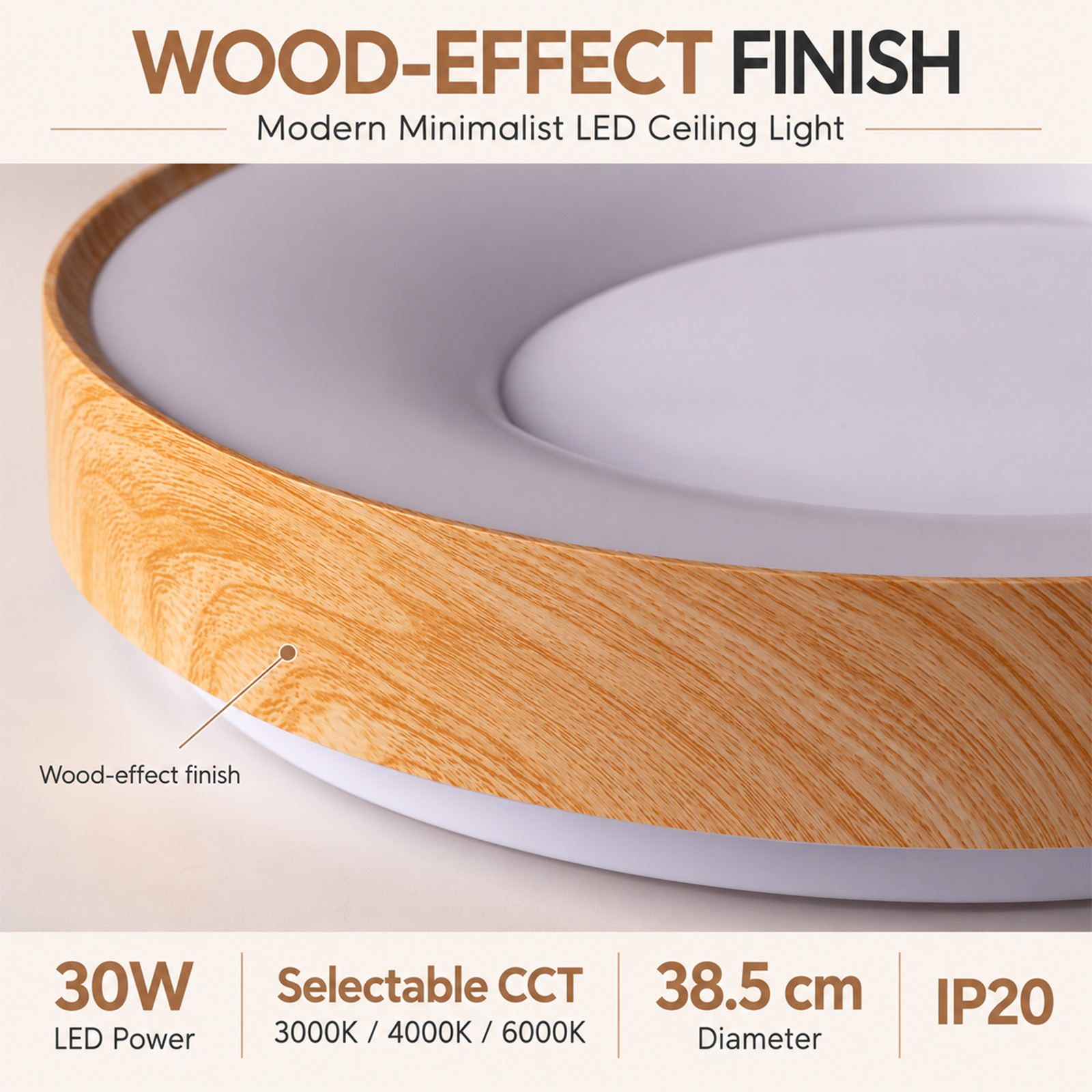 Moderna lámpara de techo LED con marco de efecto madera, 30W, 38.5 cm de diámetro y protección IP20.