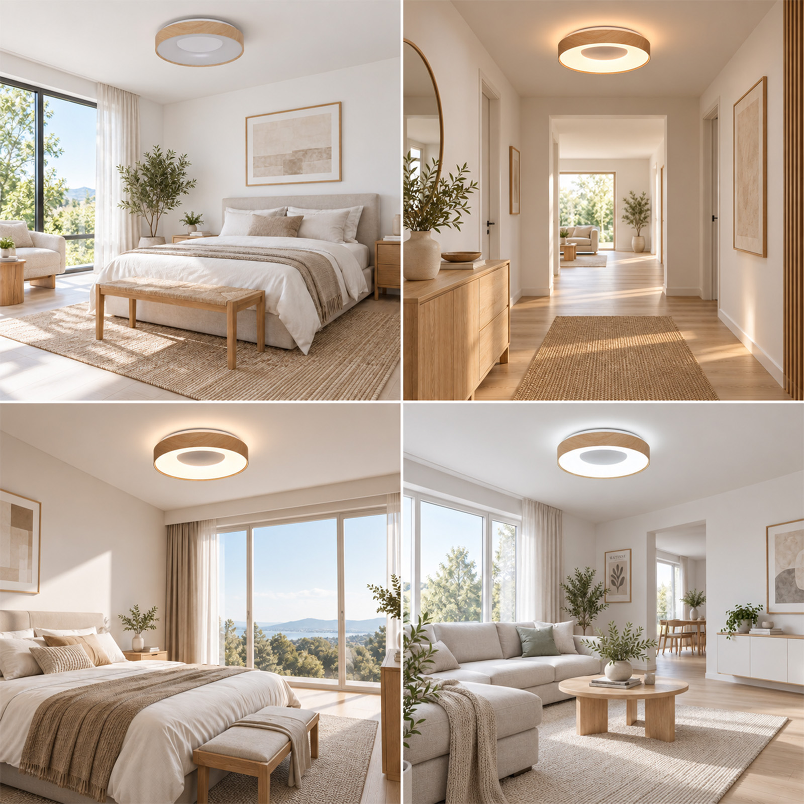 Una cuadrícula de 2x2 de interiores modernos con decoración minimalista de madera, luz natural y elegantes lámparas de techo.