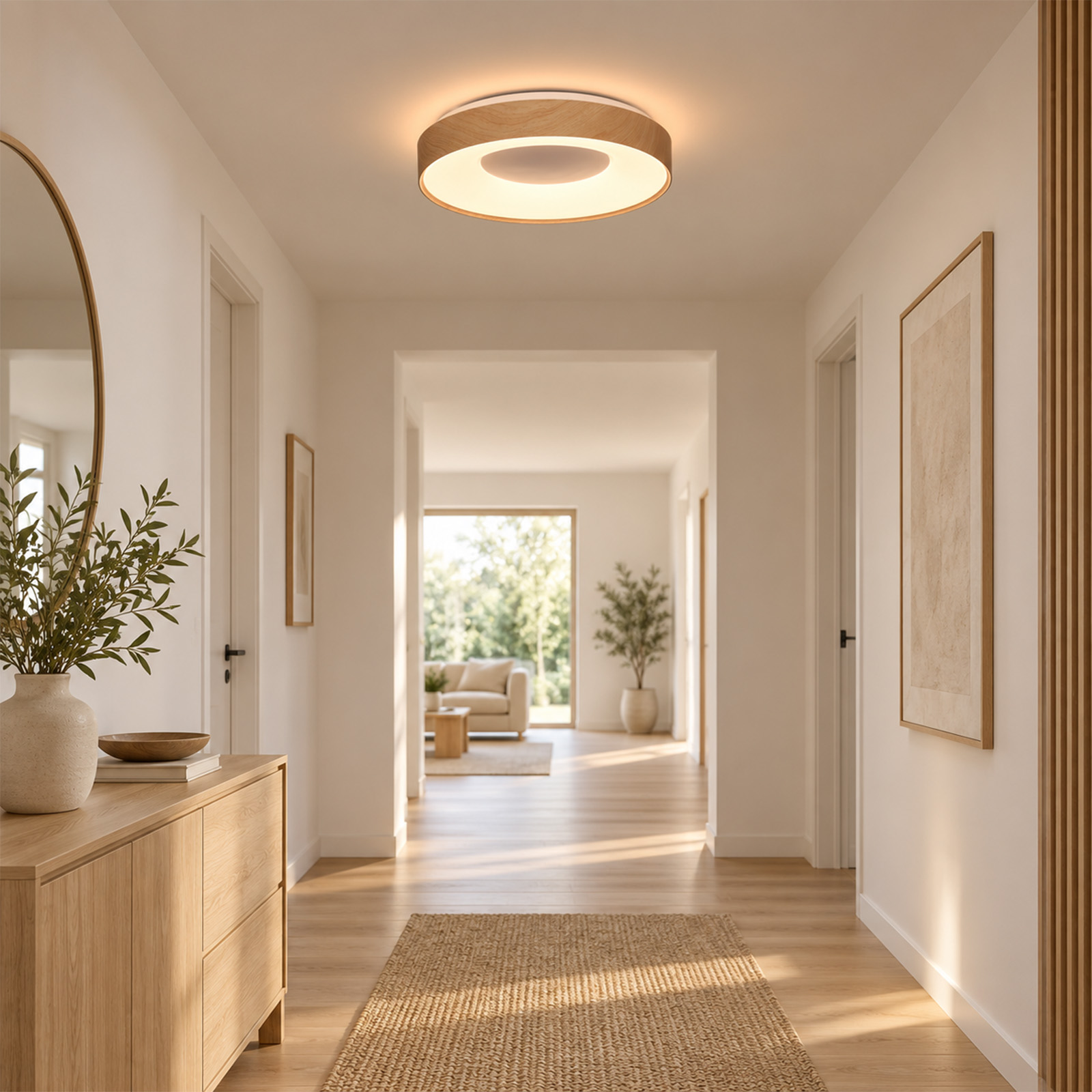 Un pasillo luminoso con muebles de madera, lámpara de techo redonda, espejo, plantas y alfombra de yute.