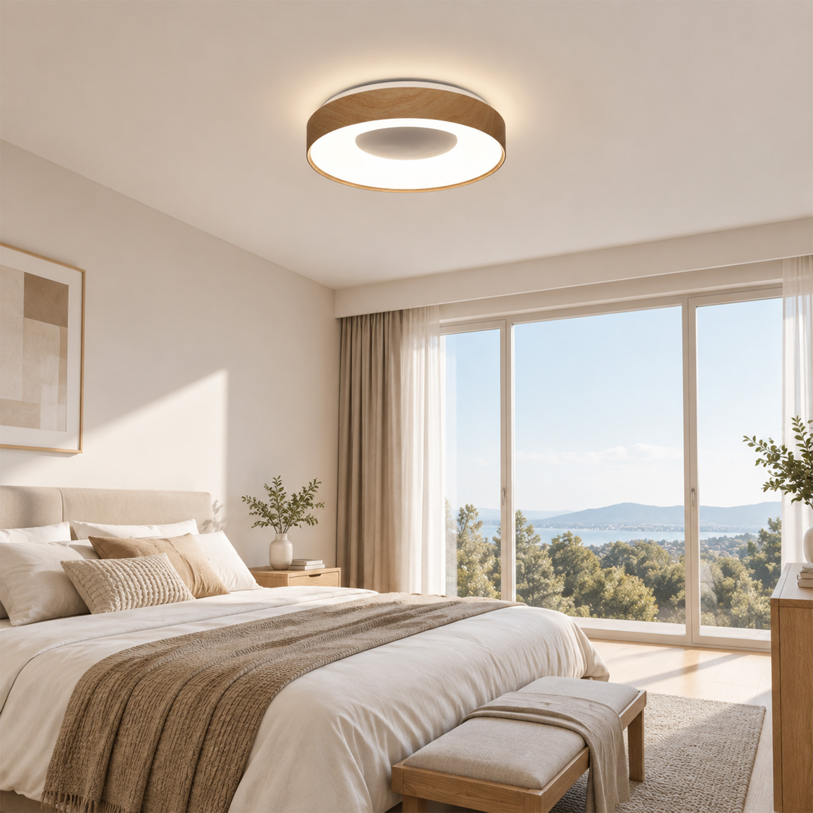 Moderna lámpara de techo con marco de madera en un dormitorio luminoso.
