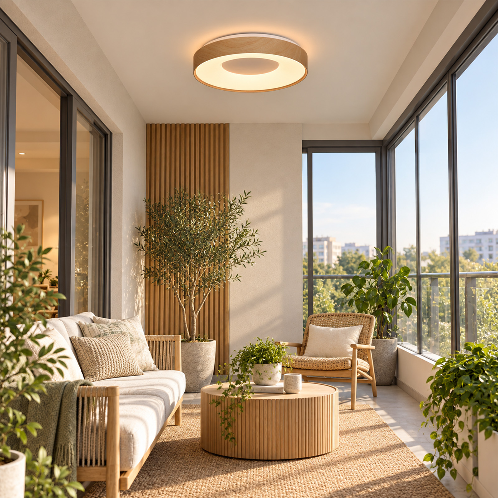Balcón luminoso y soleado con sofá de madera, mesa de centro redonda, plantas en maceta y grandes ventanales.