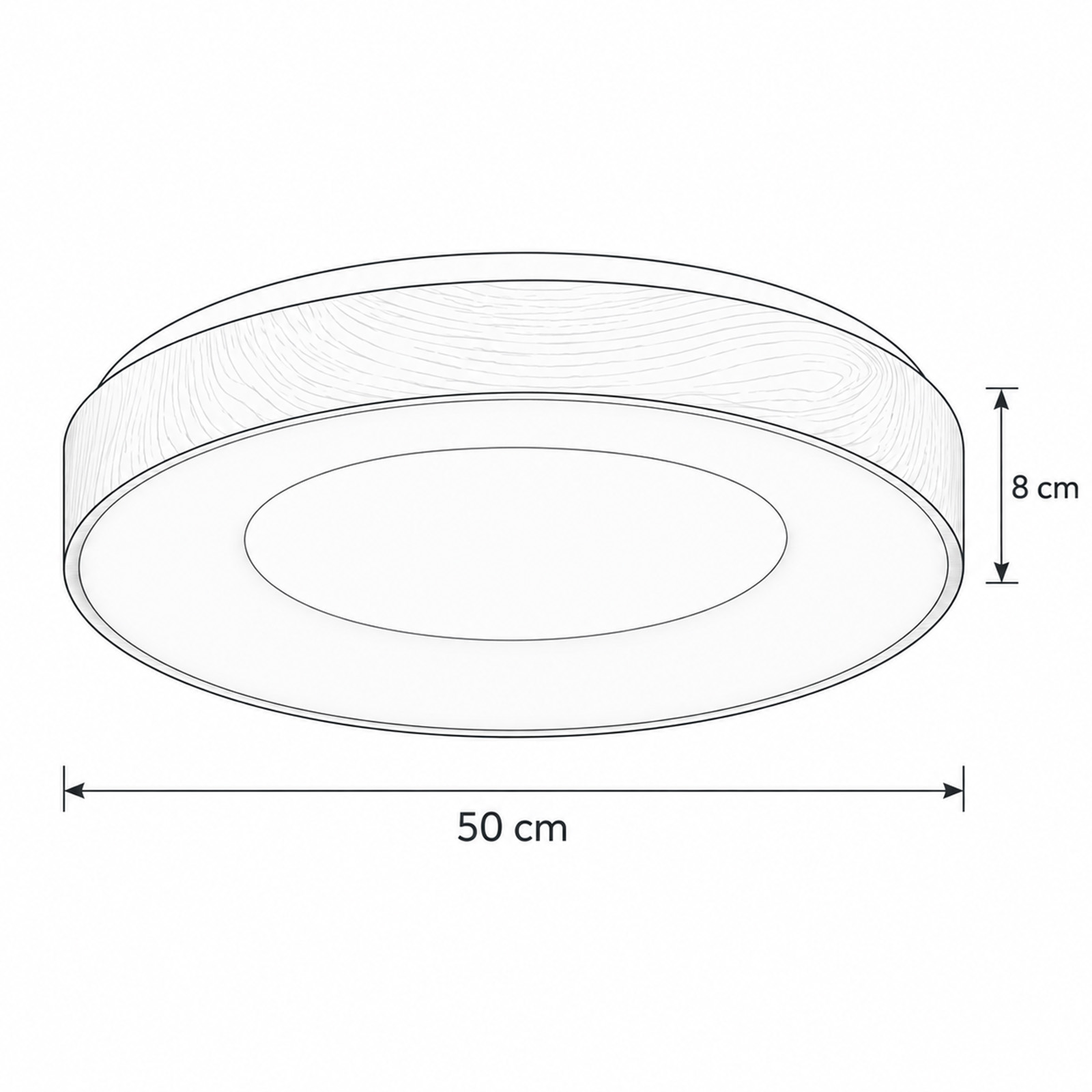 Dibujo técnico de una lámpara redonda de 50 cm de diámetro y 8 cm de alto.
