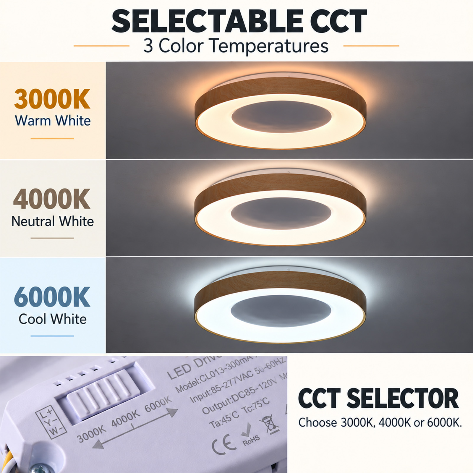 Lámpara de techo LED con temperaturas de color seleccionables: 3000K blanco cálido, 4000K blanco neutro y 6000K blanco frío.