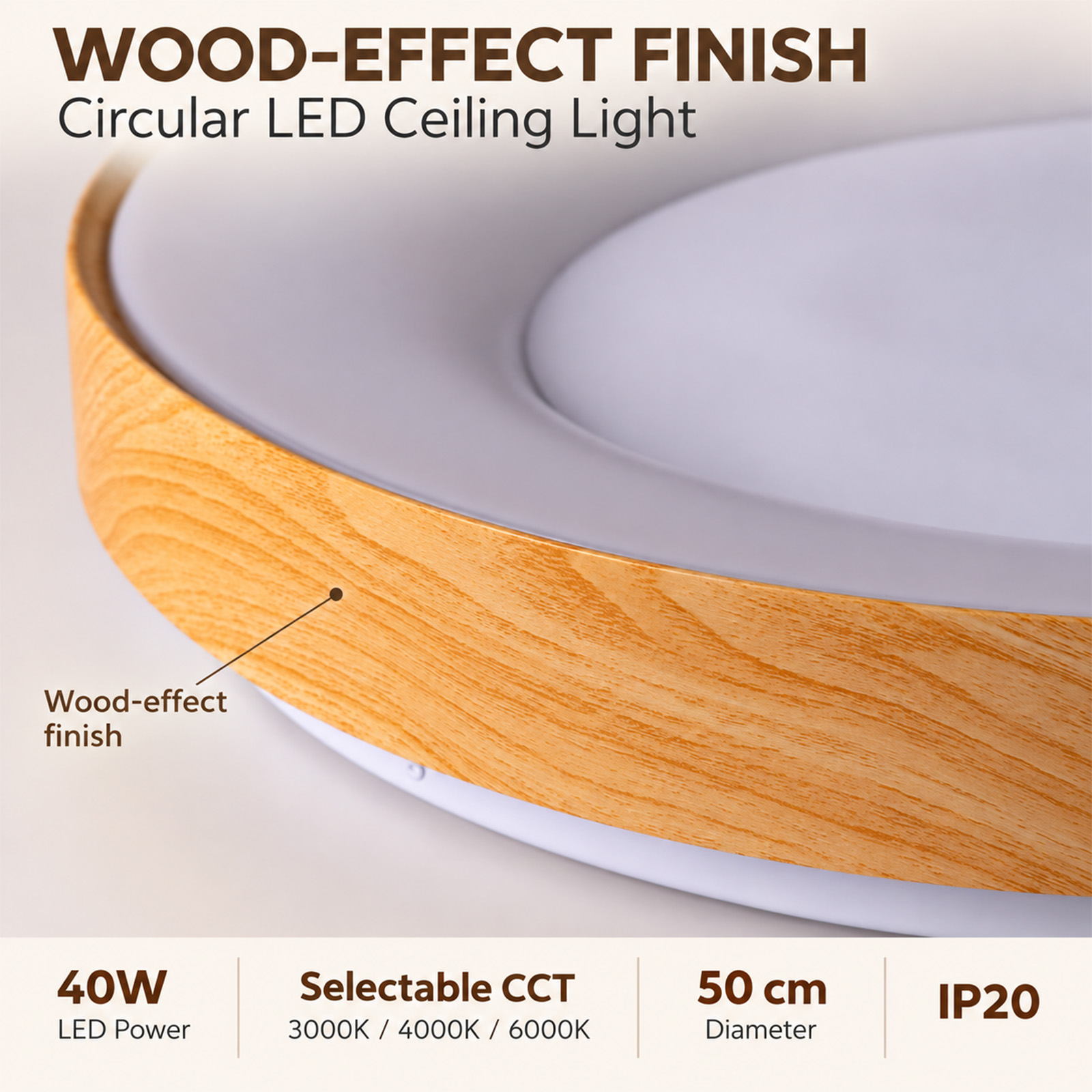 Primer plano de una lámpara de techo LED circular con acabado efecto madera, 40W de potencia, temperatura de color ajustable y 50cm de diámetro.