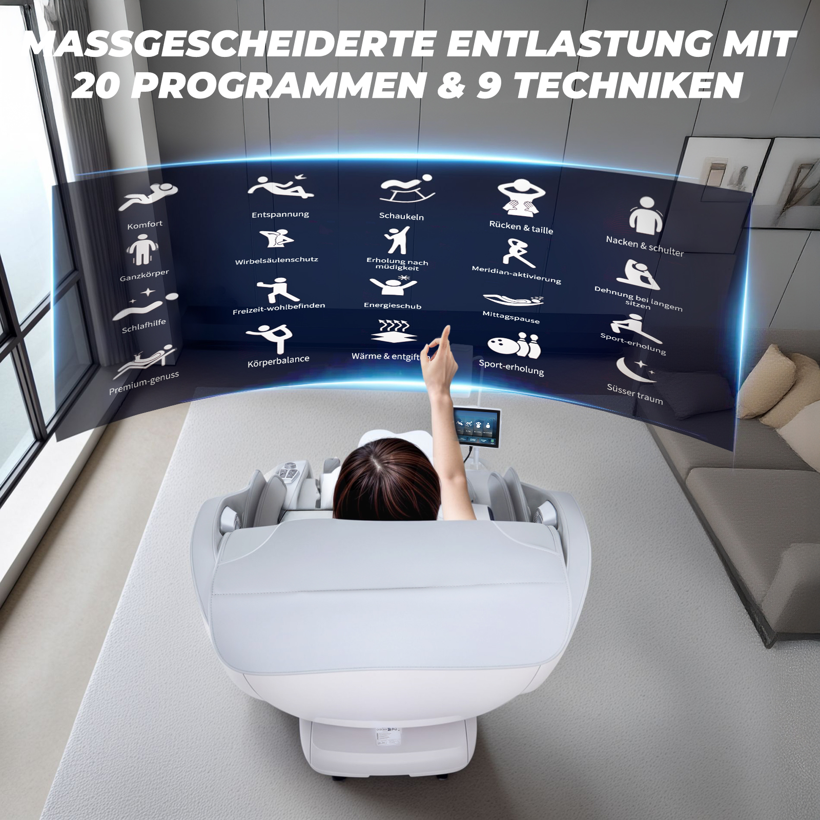 Person sitzt in einem weißen Massagesessel und bedient ein holografisches Menü mit Massageprogrammen.