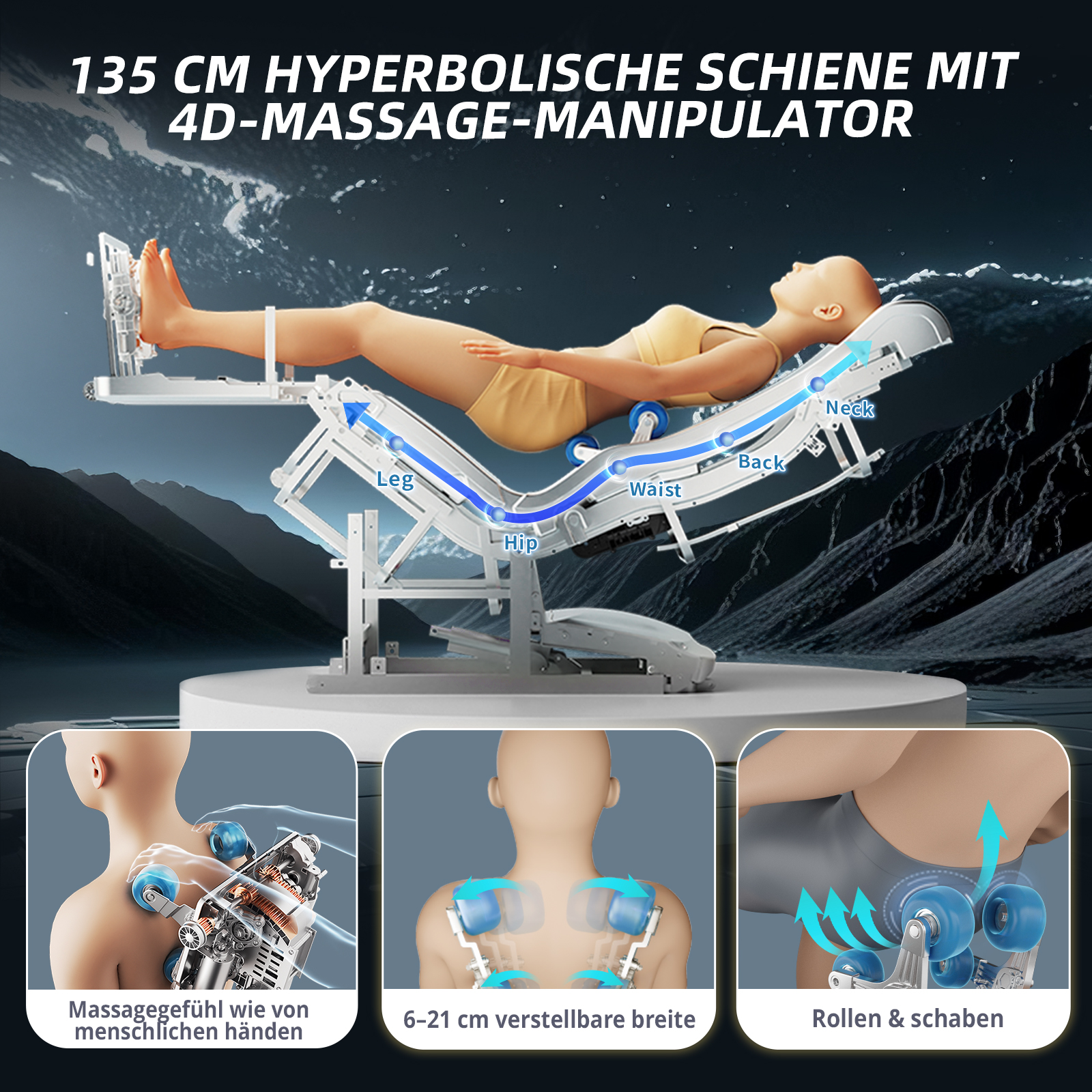Massagebett mit Verstellmechanismus und Rollen für verschiedene Körperbereiche vor Berglandschaft.