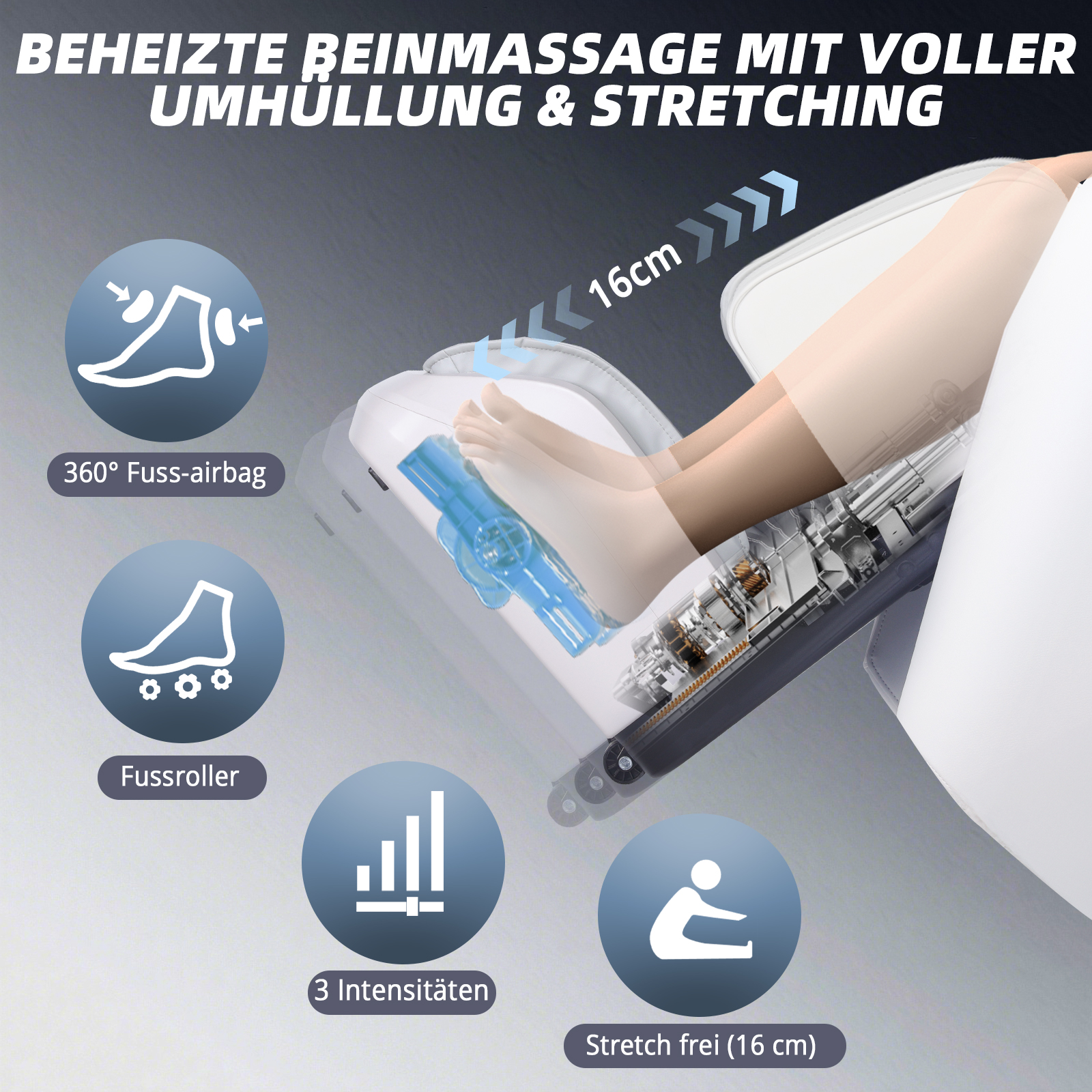Beinmassagegerät mit Fuß-Airbags, Rollen und 3 Intensitäten.