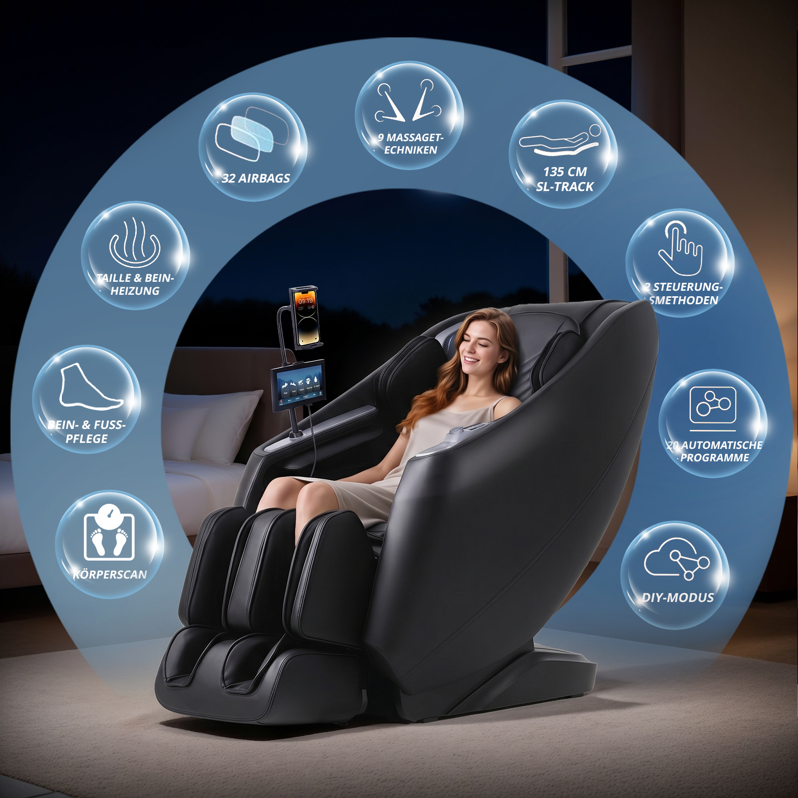 Eine Frau sitzt entspannt in einem schwarzen Massagesessel, umgeben von Informationsblasen mit Features.