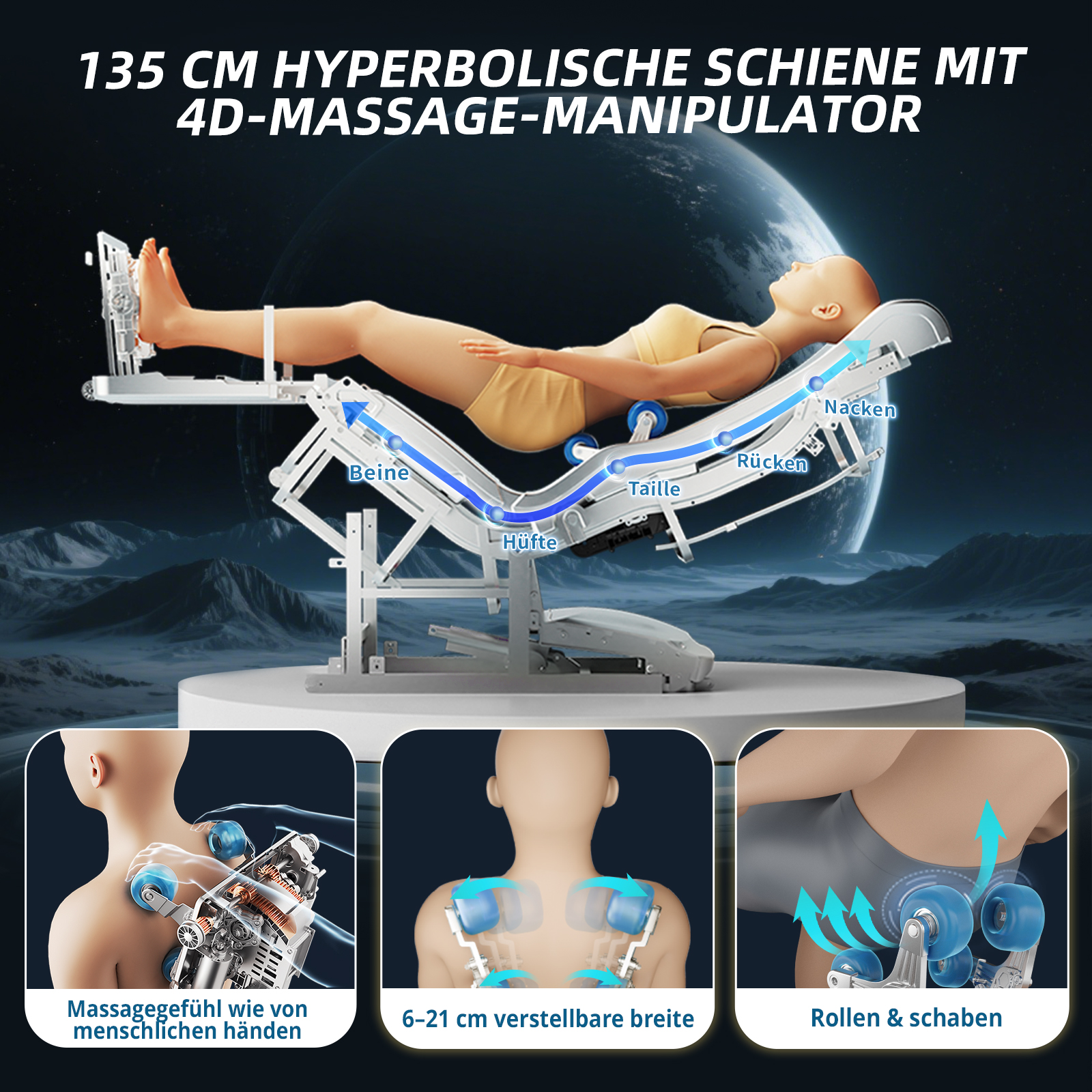 135 cm Hyperbolische Schiene mit 4D-Massage-Manipulator und verschiedenen Massagefunktionen.