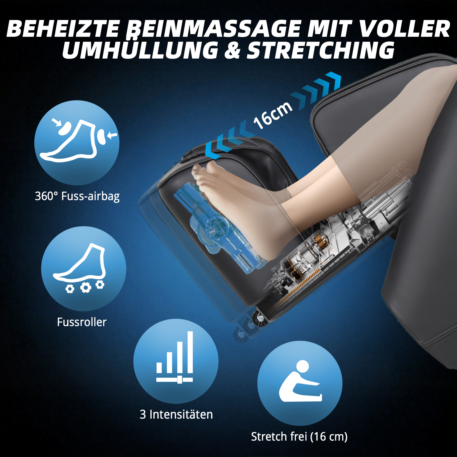 Beheizte Beinmassage mit Airbags, Fussrollern, 3 Intensitäten und 16 cm Stretchfunktion.