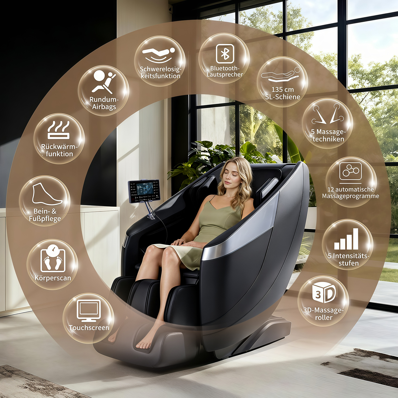 Eine Frau entspannt in einem schwarzen Massagesessel, umgeben von Icons ihrer Funktionen.