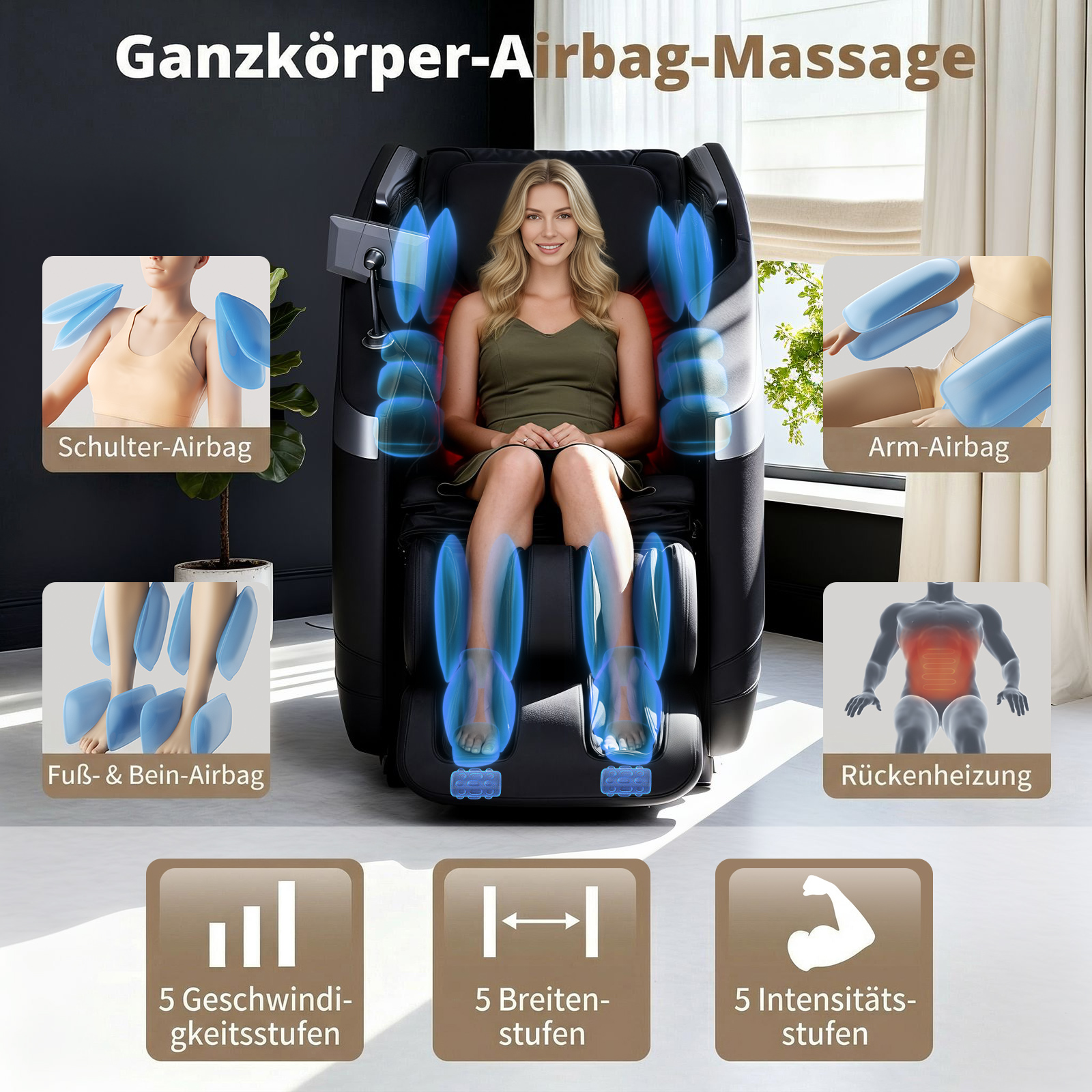 Eine Frau sitzt in einem schwarzen Massagefaesser mit blauen Airbag-Grafiken.