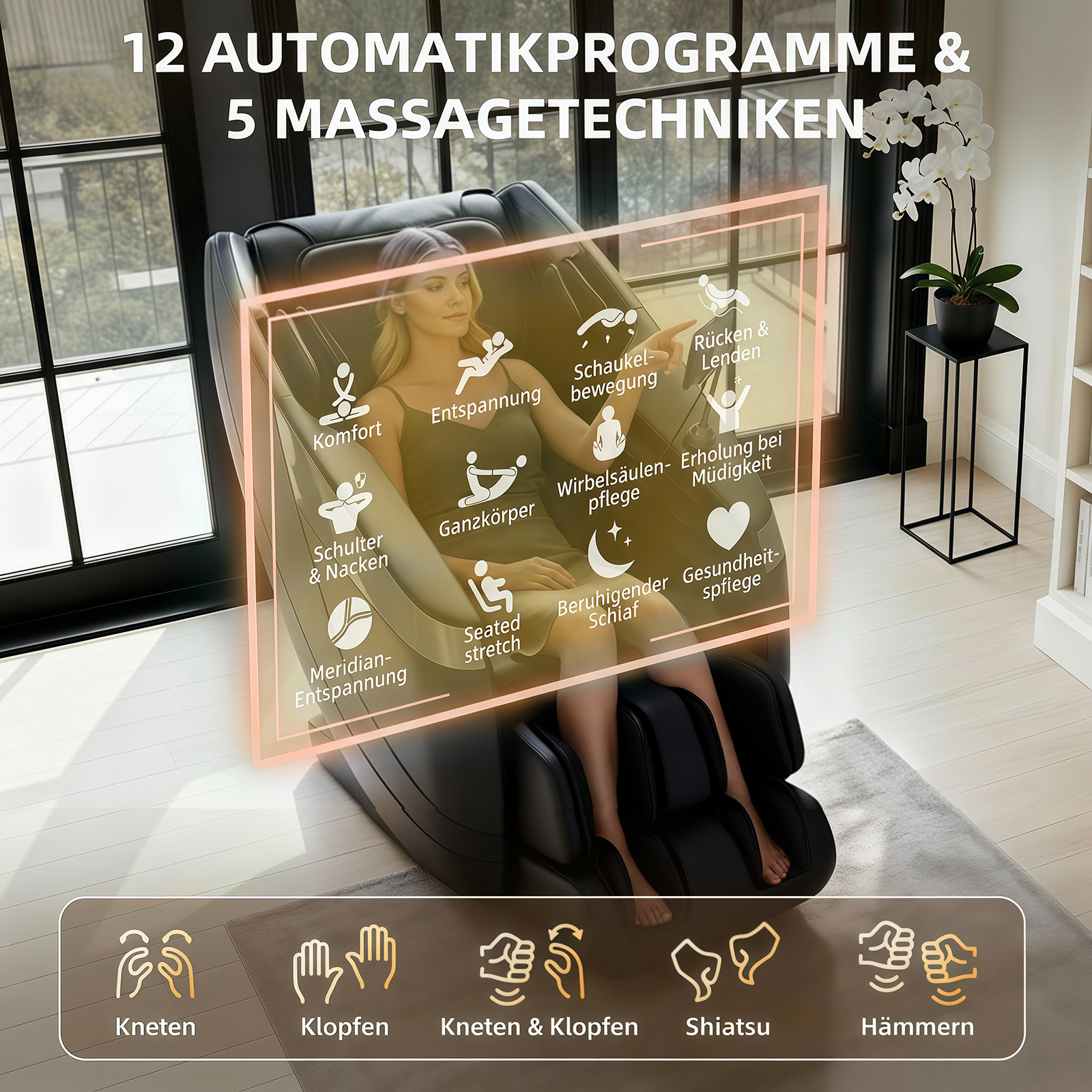 Eine blonde Frau sitzt in einem schwarzen Massagein. Ein holografisches Display zeigt Programm- und Techniksymbole.