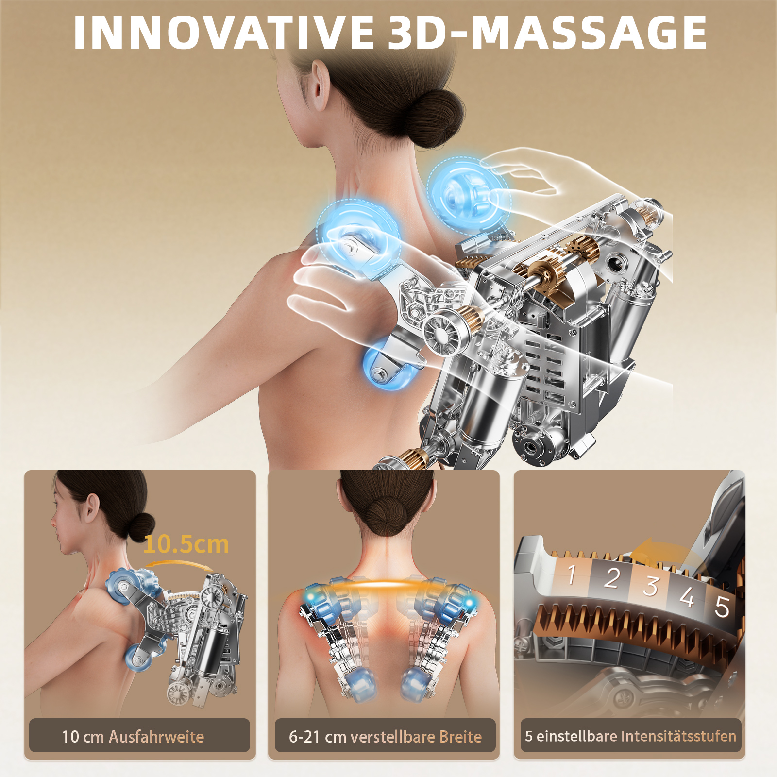 Diagramm zeigt eine innovative 3D-Massage mit mechanischen Rollen auf dem Rücken und einstellbaren Intensitäten.
