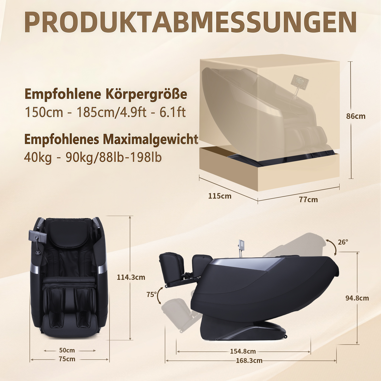 Diagramm zeigt Produktabmessungen und Spezifikationen eines schwarzen Massagesessels.