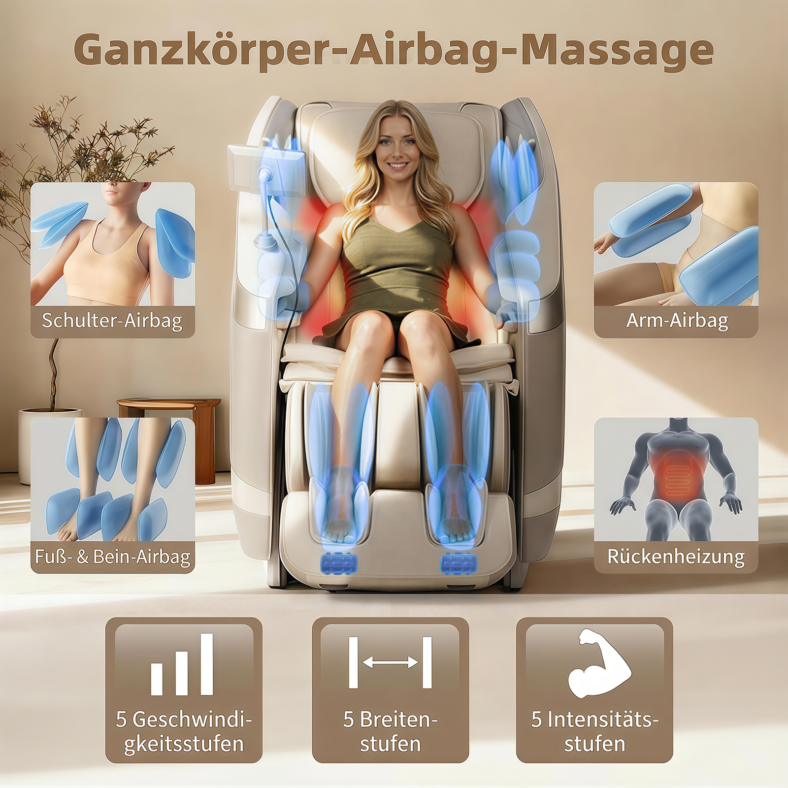 Eine Frau sitzt entspannt in einem beige Massage Sessel mit blauen Airbag-Funktionsanzeigen.
