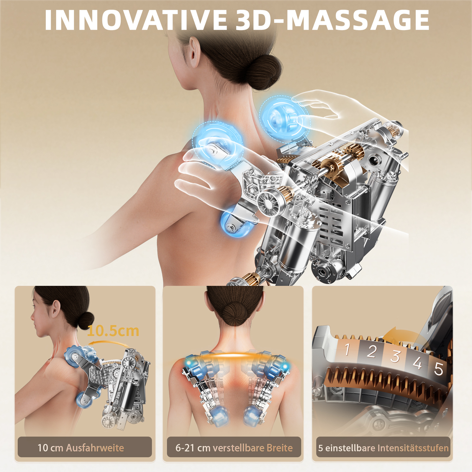 3D-Massagegerät mit einstellbarer Breite und Intensität an einer Frauen schulter.
