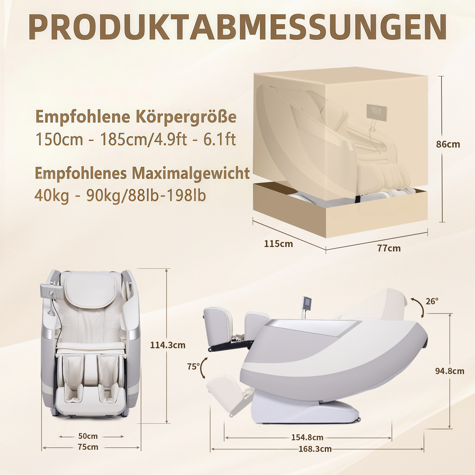 Diagramm mit Produktabmessungen, empfohlenem Gewicht und Größe sowie Abbildungen eines Massagestuhls.