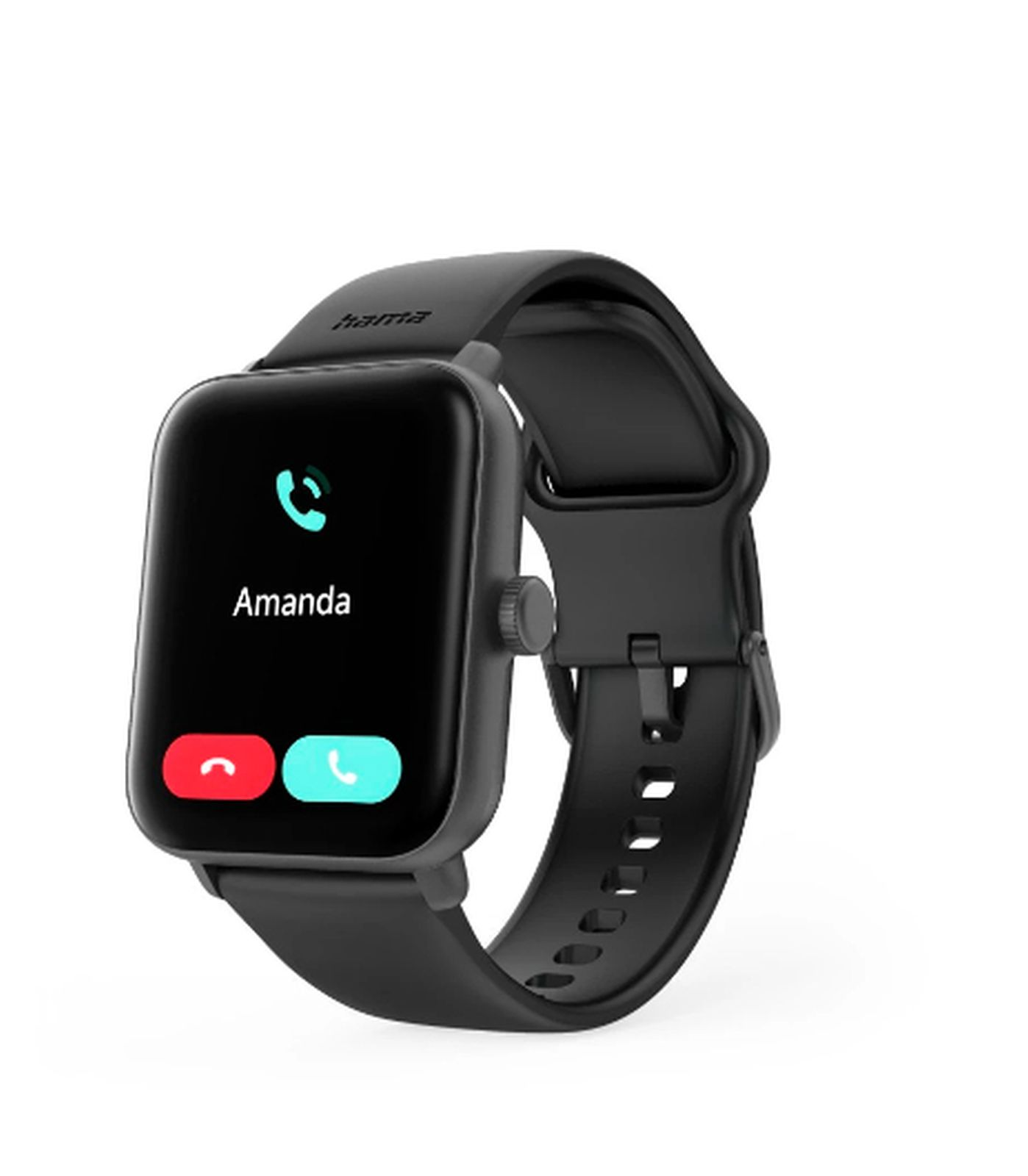 Reloj inteligente negro con pantalla cuadrada muestra una llamada de Amanda con botones rojo y azul.