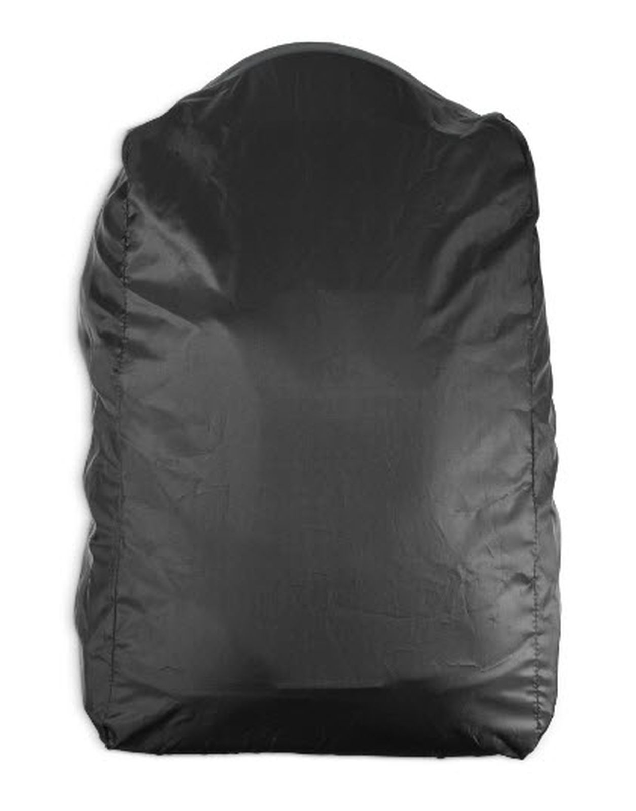 Ein faltbarer schwarzer Rucksack, auf weißem Hintergrund, mit glattem, leicht glänzendem Stoff und schlichtem Design.