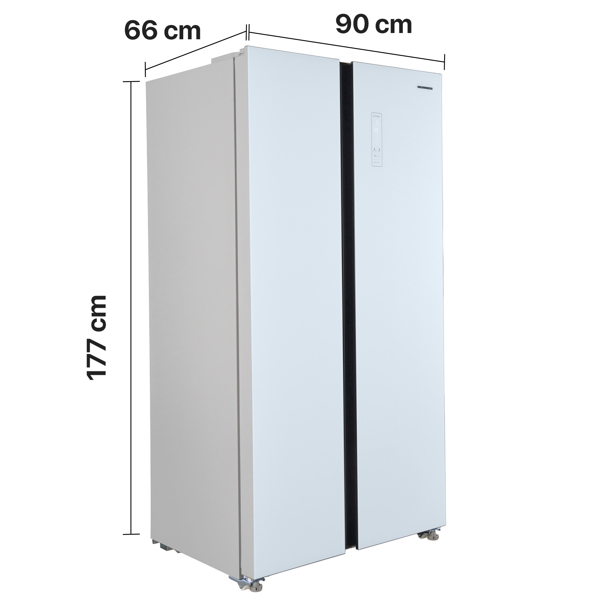 Een zilveren Amerikaanse koelkast met afmetingen: 177 cm hoog, 90 cm breed, 66 cm diep.