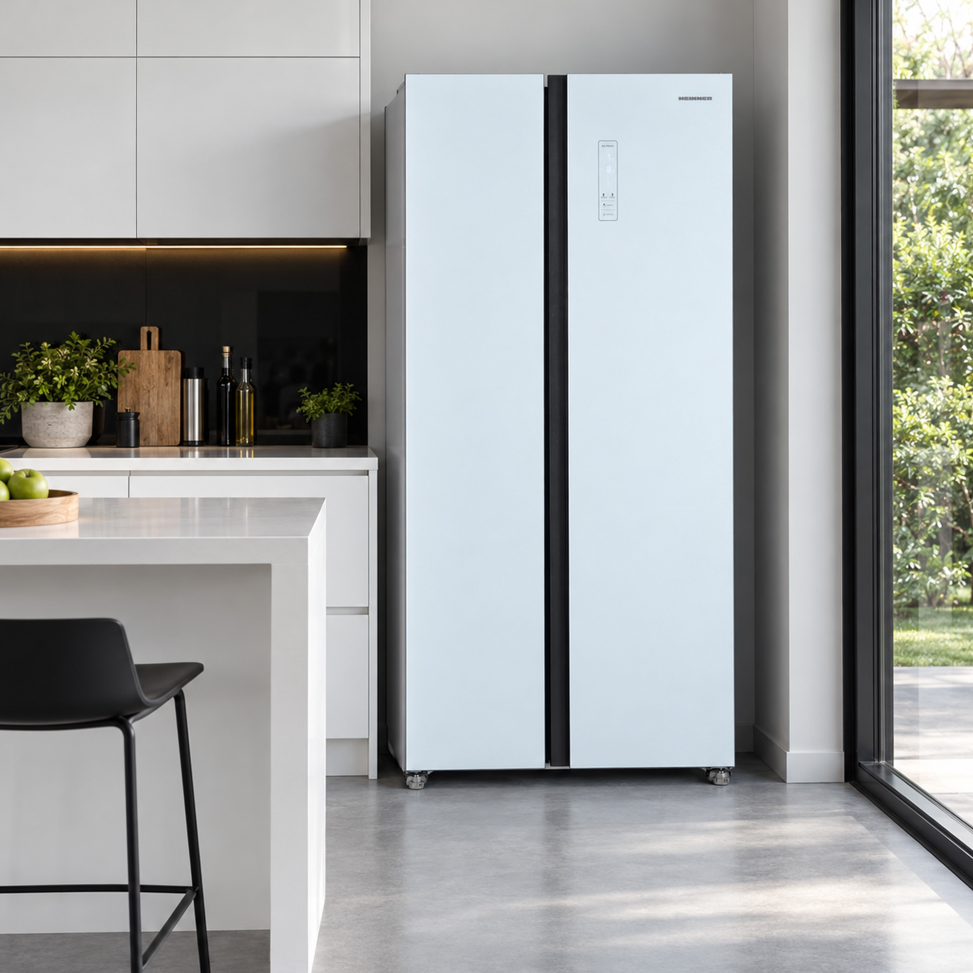 Moderne keuken met witte dubbeldeurs koelkast, kookeiland en zwarte kruk.