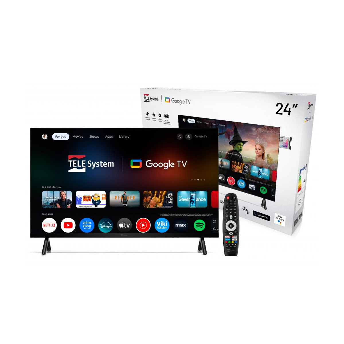 Una TV Tele System Google TV mostrata con telecomando e scatola.