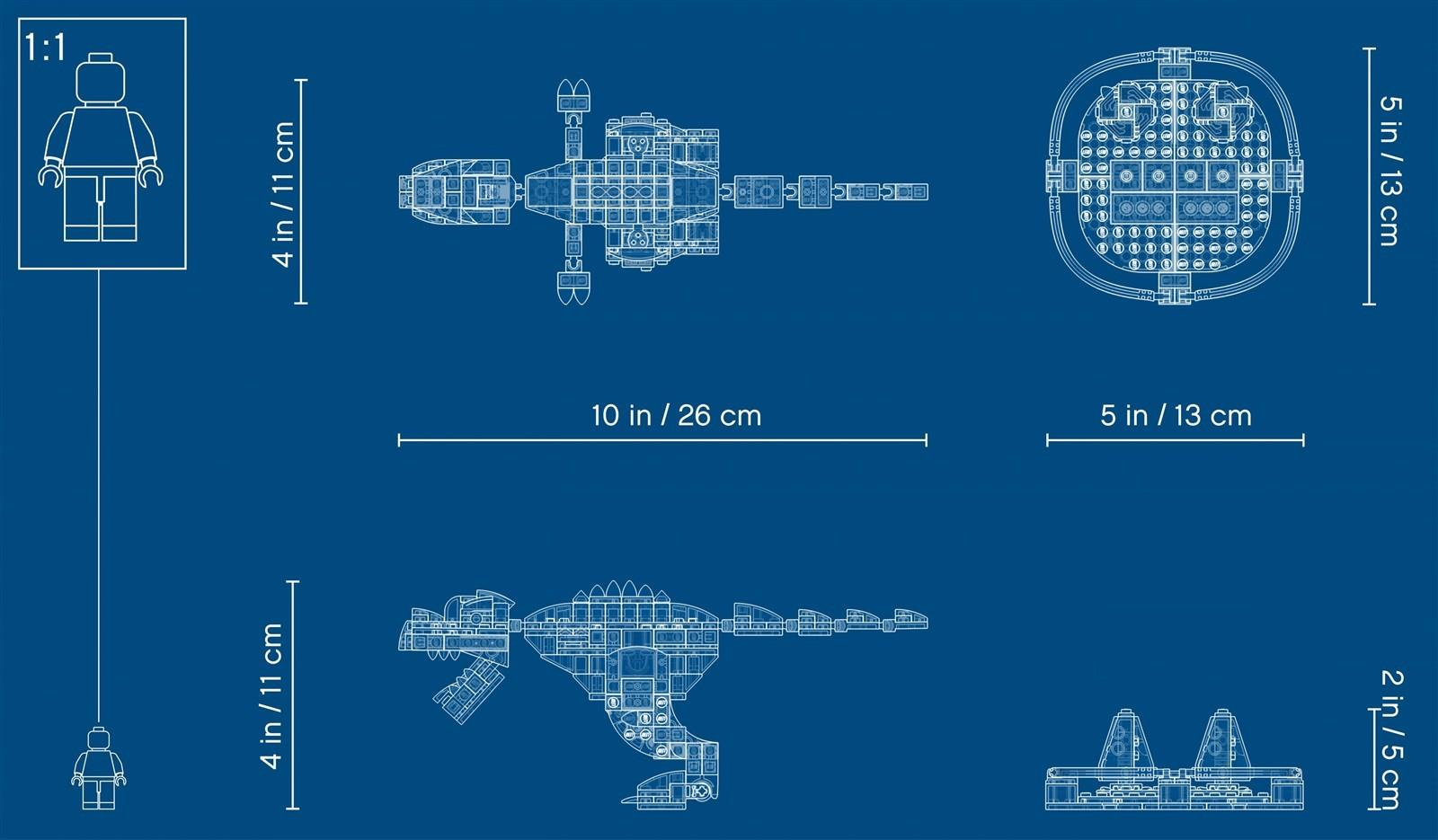 LEGO dinozorunun üst, yan ve ön görünümlerini ölçüleriyle gösteren mavi bir teknik resim.